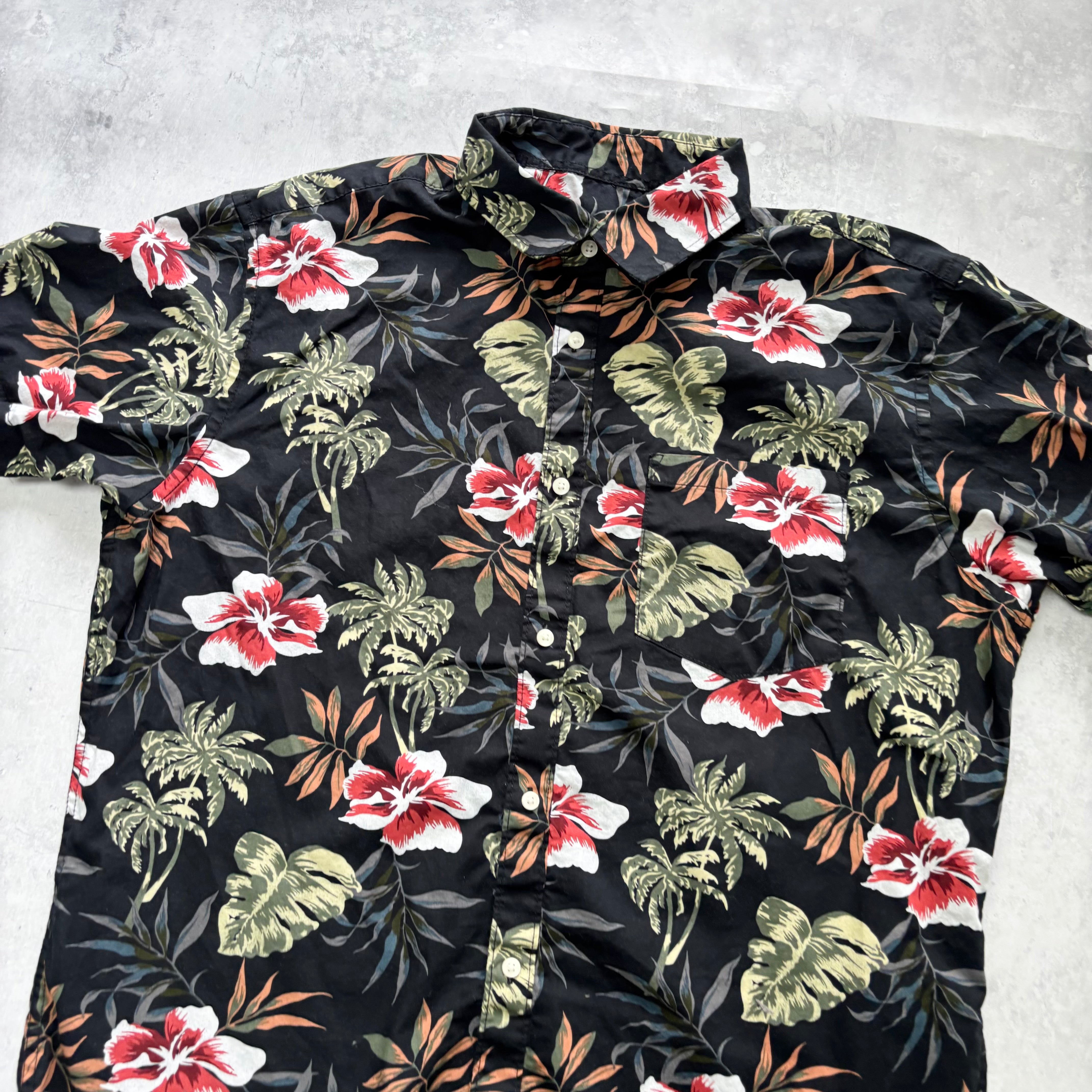 Hawaiian Shirt Mens XL Black Floral Aloha Short Sleeve Cotton (E)