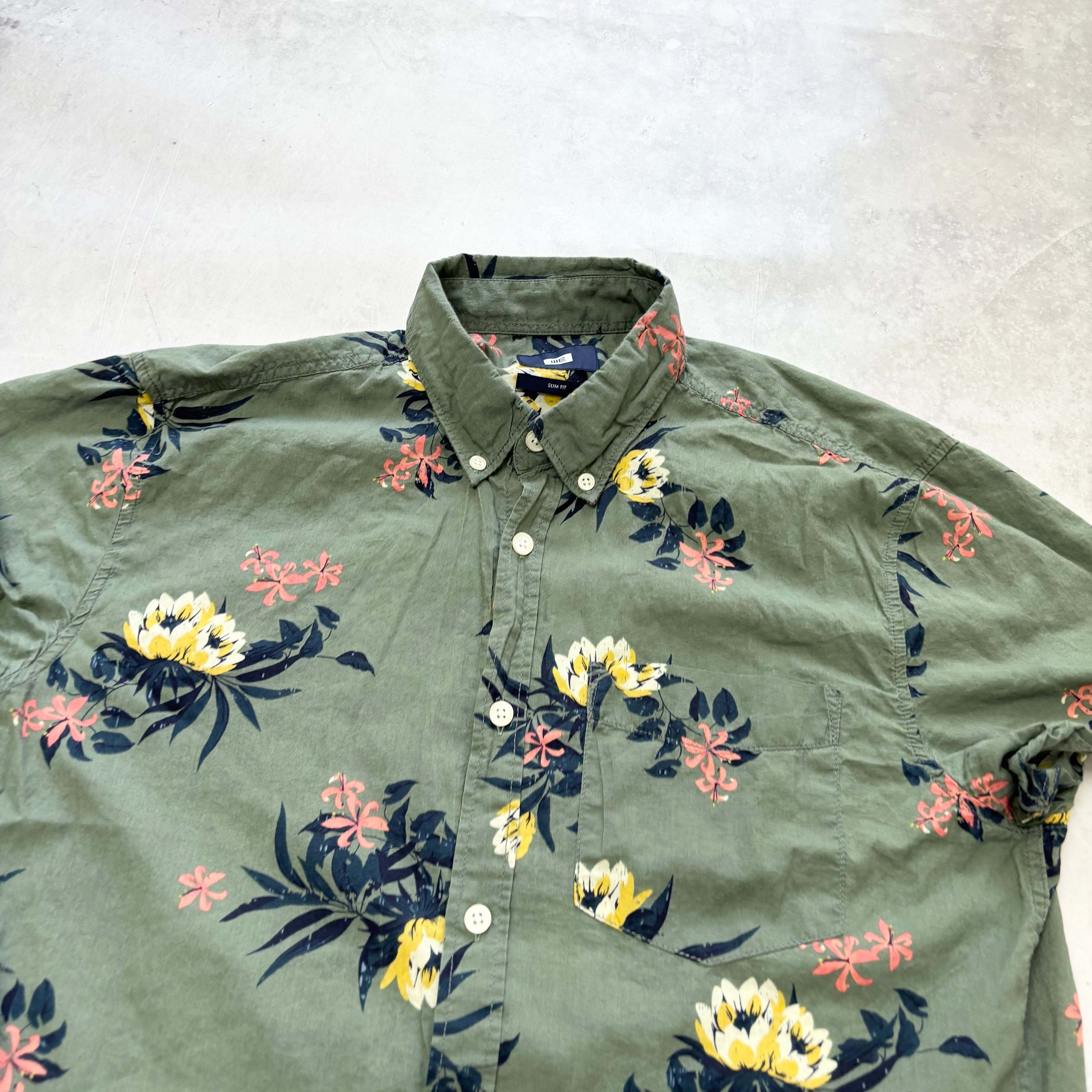 Hawaiian Shirt Mens Large Green Floral Aloha Short Sleeve Cotton Slim Fit (E)