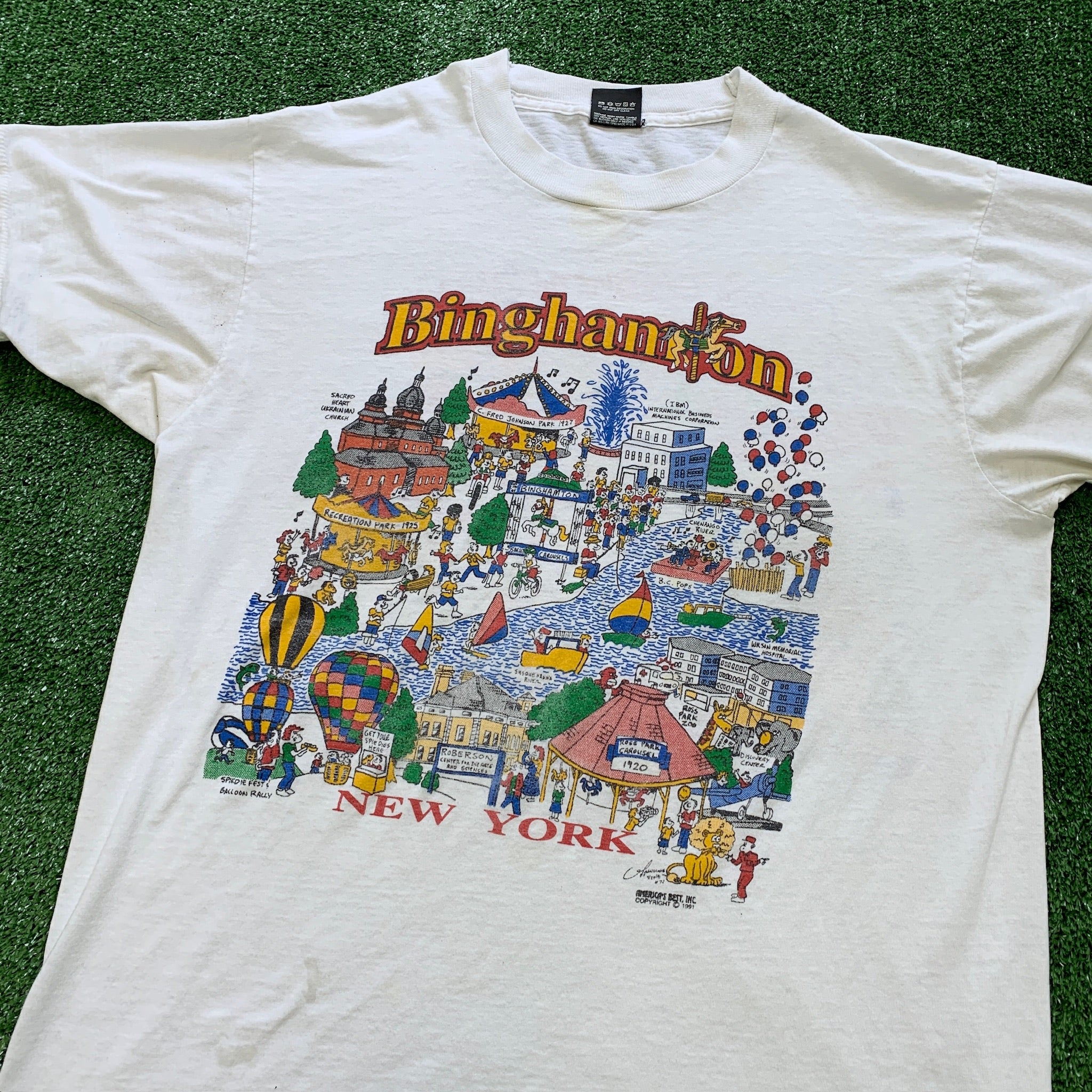 Vintage T Shirt Mens Large White Single Stitch Graphic Print 90s USA Tourist