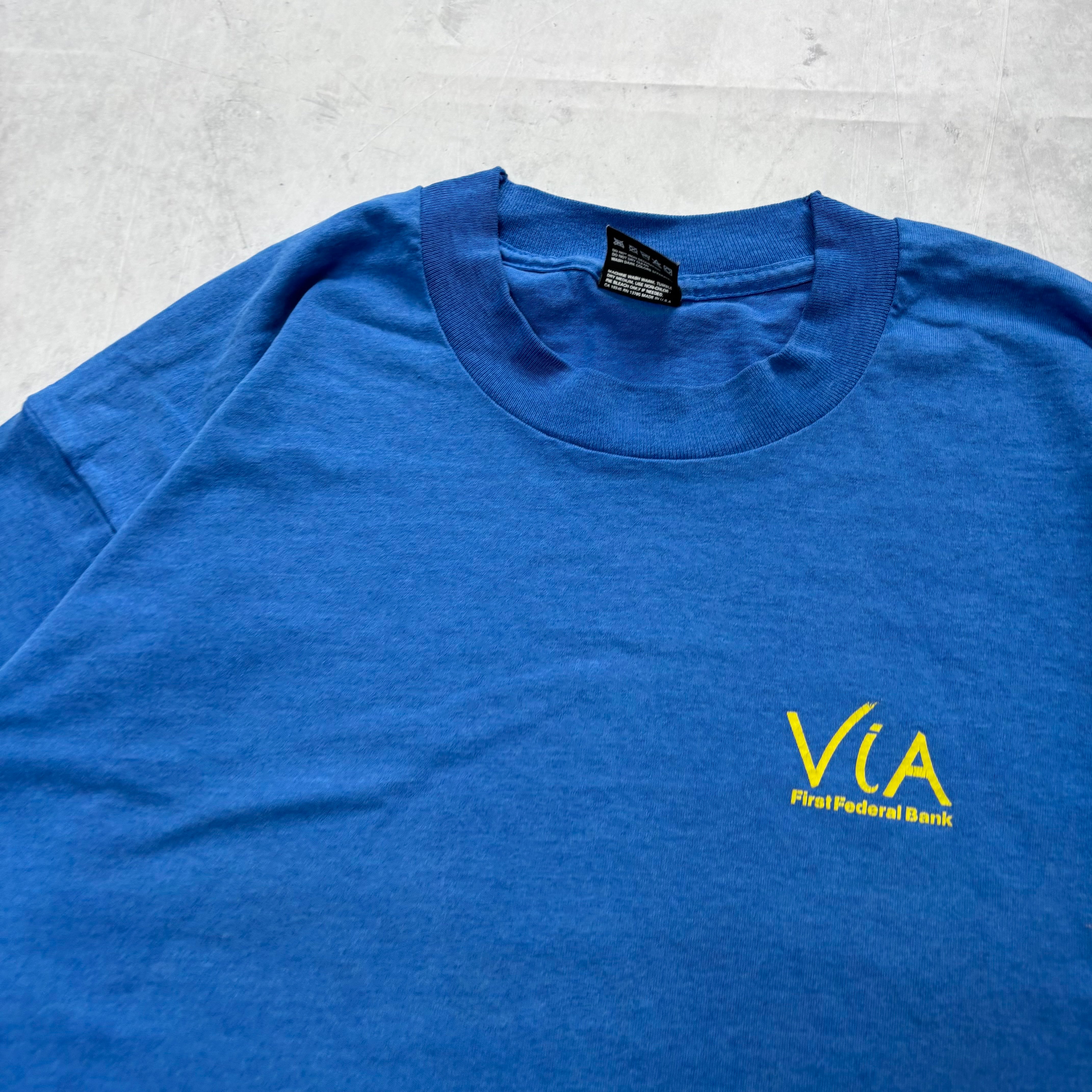 Vintage T Shirt Mens XL Blue Single Stitch Graphic Print 90s USA Bank (E)