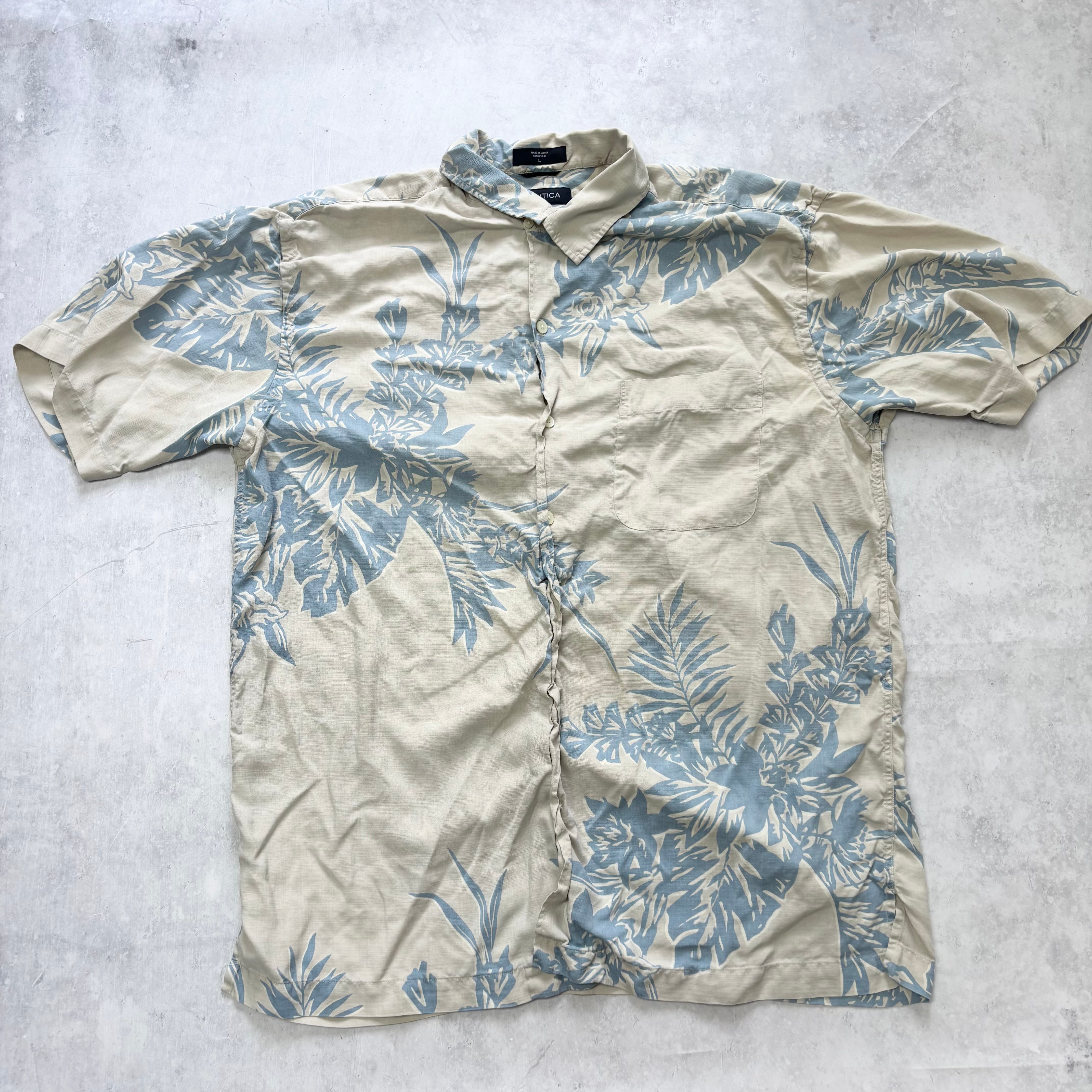 Nautica Hawaiian Shirt Mens Large Cream Floral Aloha Short Sleeve Silk (E)