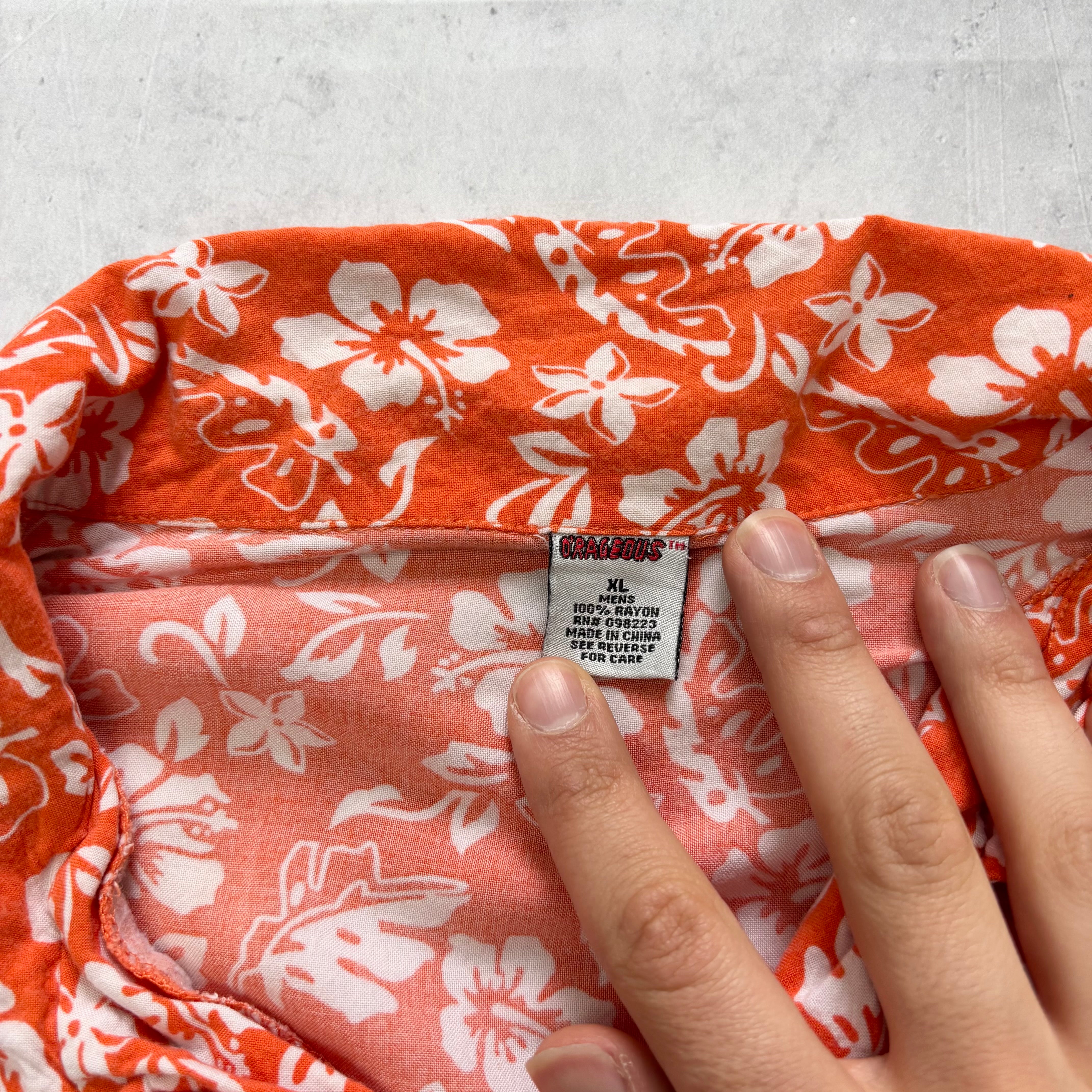 Hawaiian Shirt Mens XL Orange Floral Aloha Short Sleeve Rayon Vintage (E)