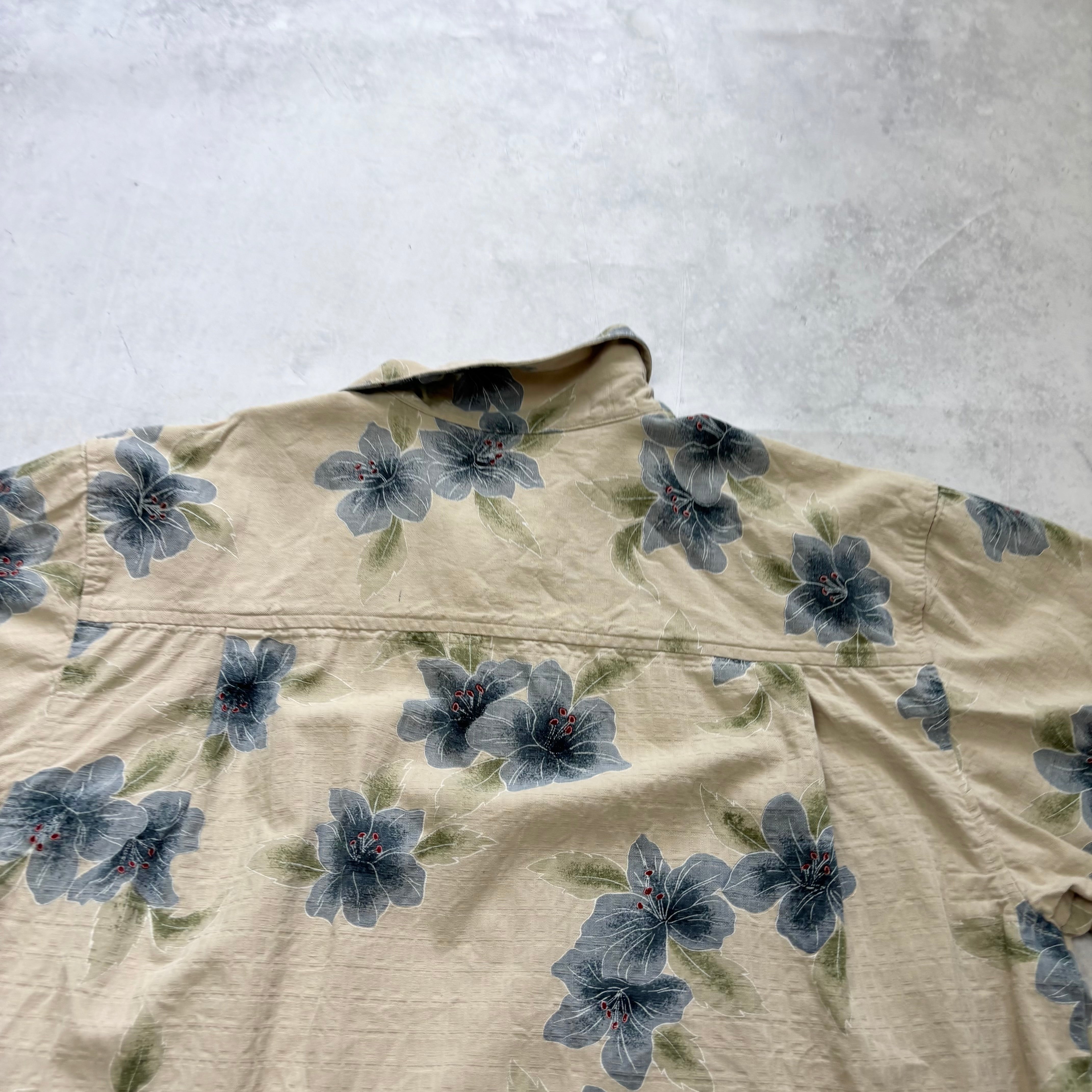 Vintage Hawaiian Shirt Mens Large Beige Silk Floral Aloha Short Sleeve