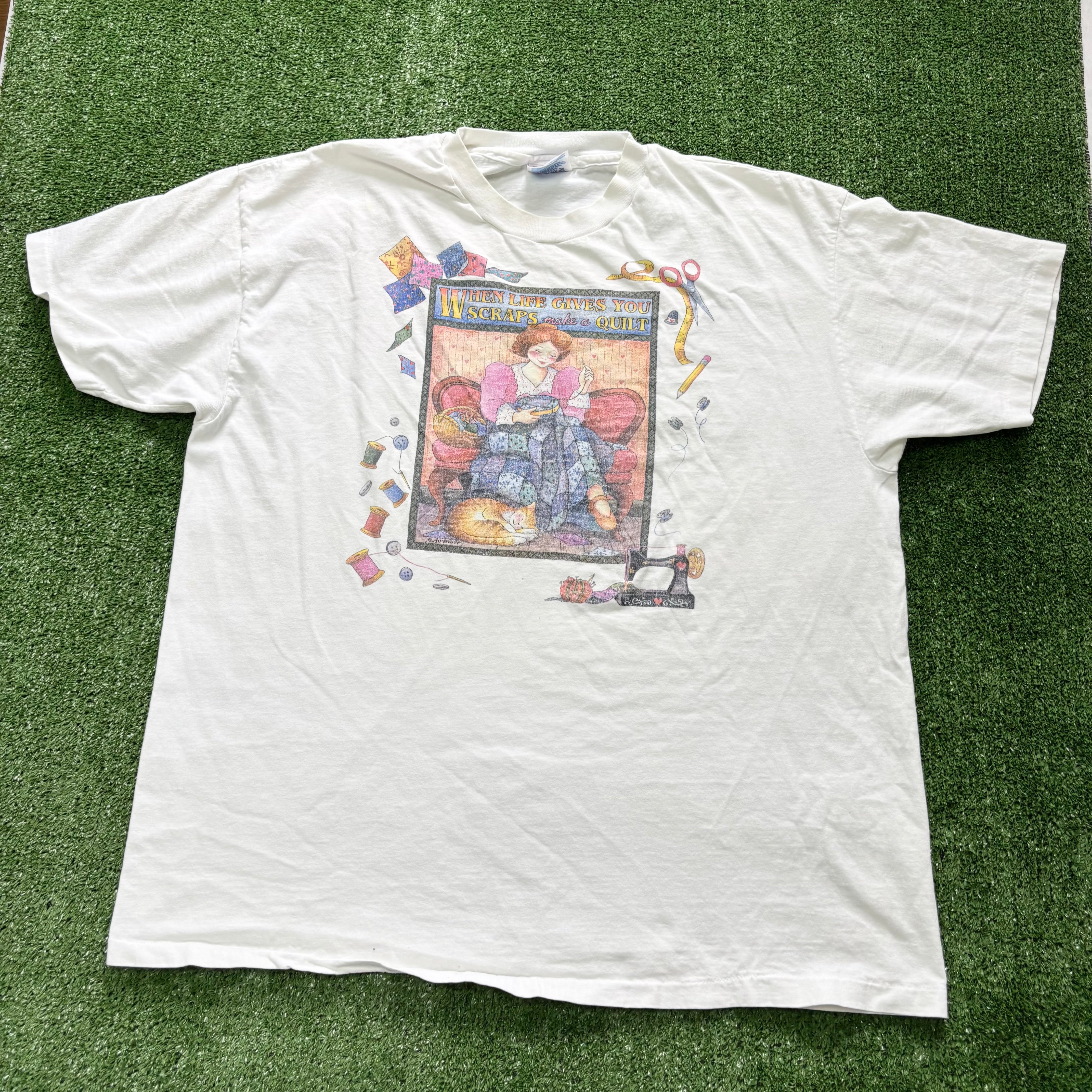 Vintage T Shirt Mens XL White Single Stitch Graphic Print 90s USA Sewing