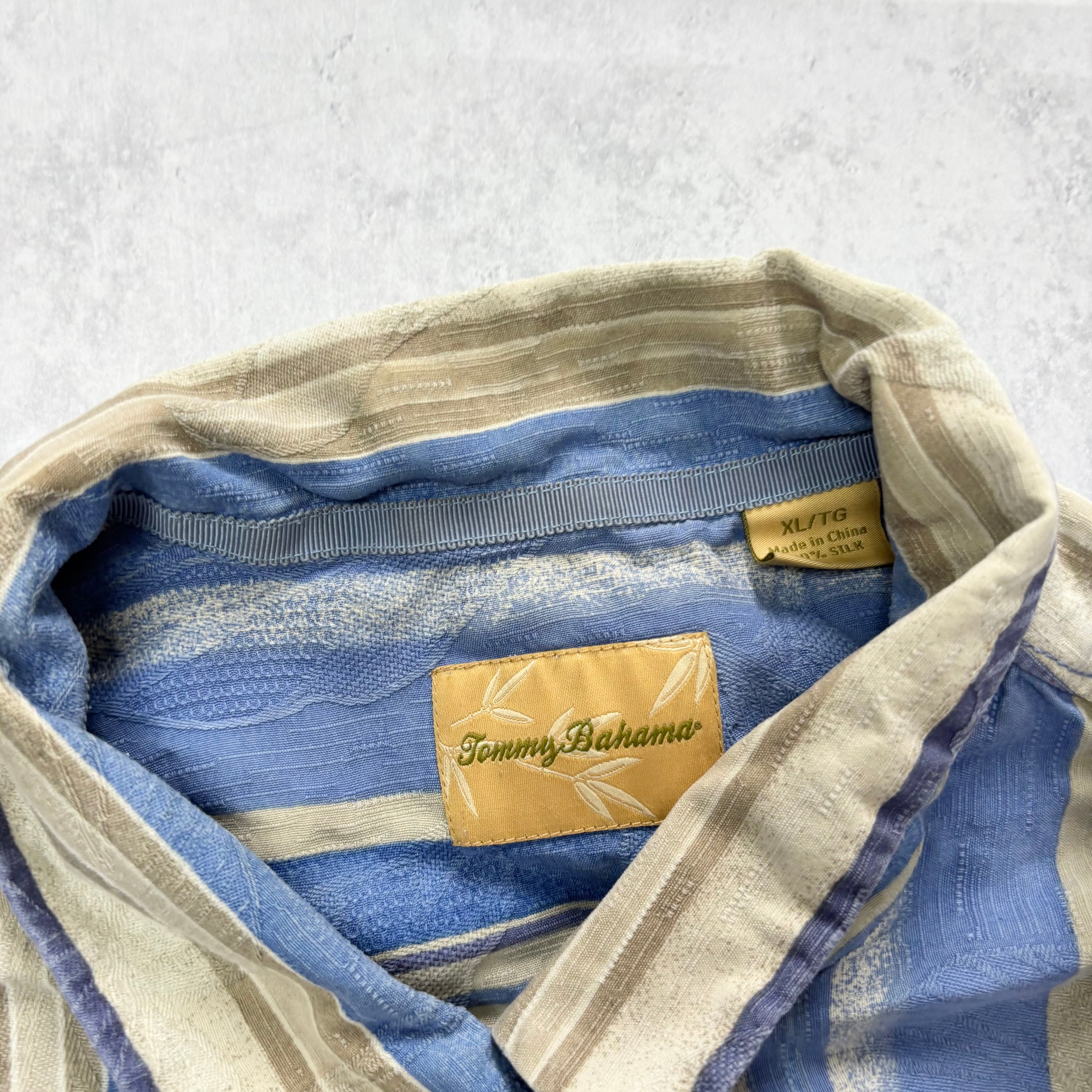Vintage Tommy Bahama Shirt Mens XL Blue Striped Short Sleeve Silk