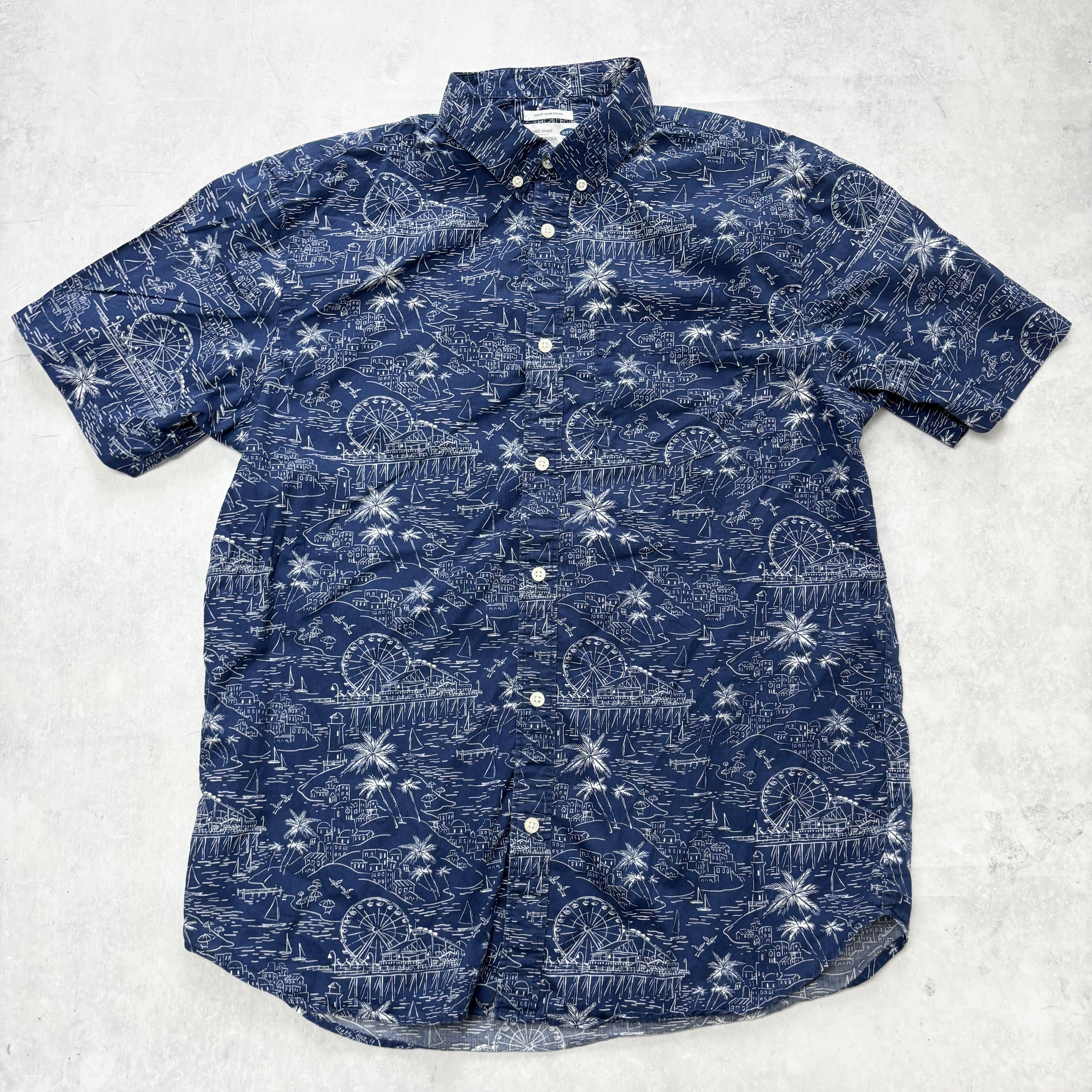 Old Navy Hawaiian Shirt Mens Large Blue Slim Fit Short Sleeve Cotton (E)