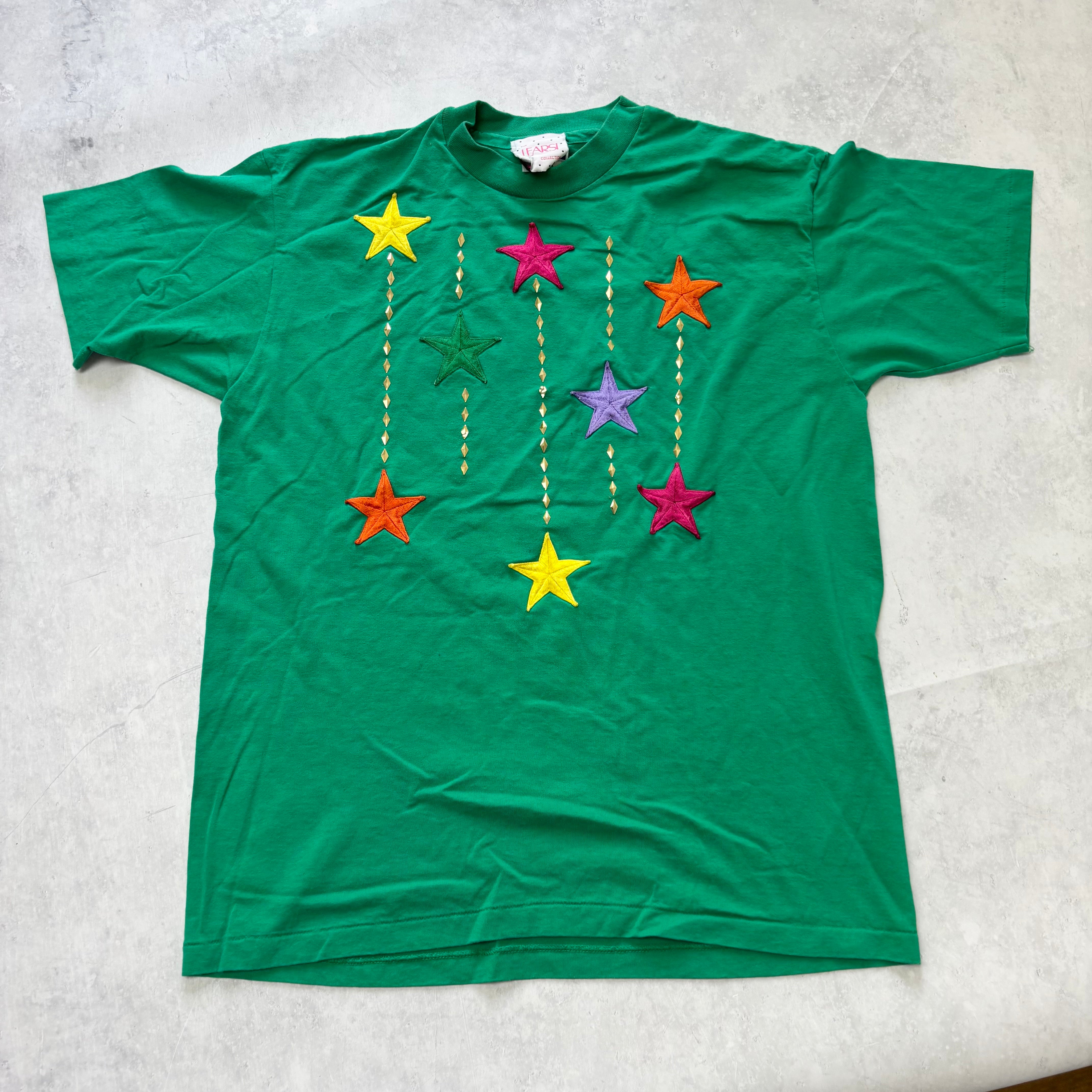 Vintage T Shirt Mens Medium Green Single Stitch Graphic Print 90s Stars (E)