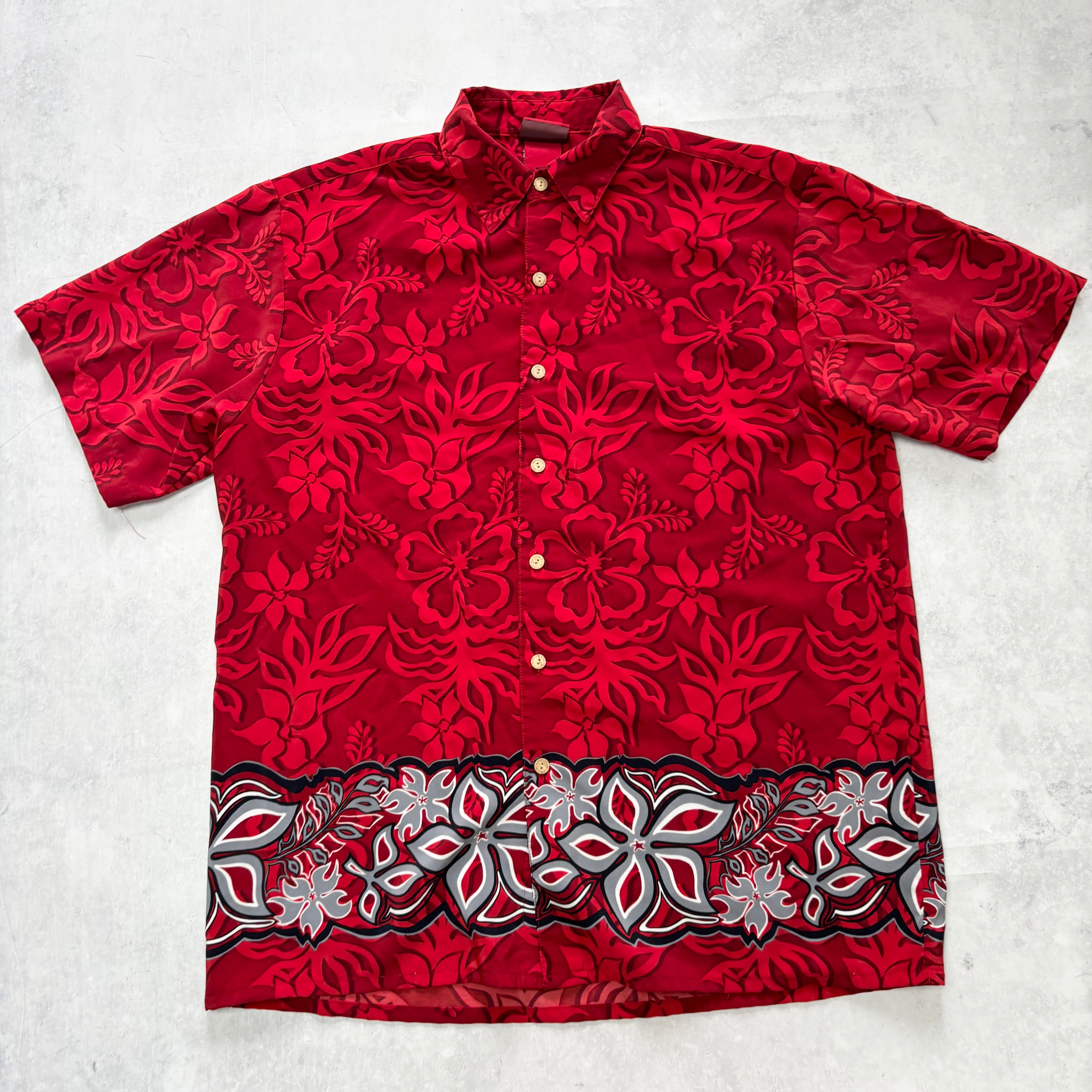 Vintage Hawaiian Shirt Mens Large Red Floral Aloha Short Sleeve Polyester (E)