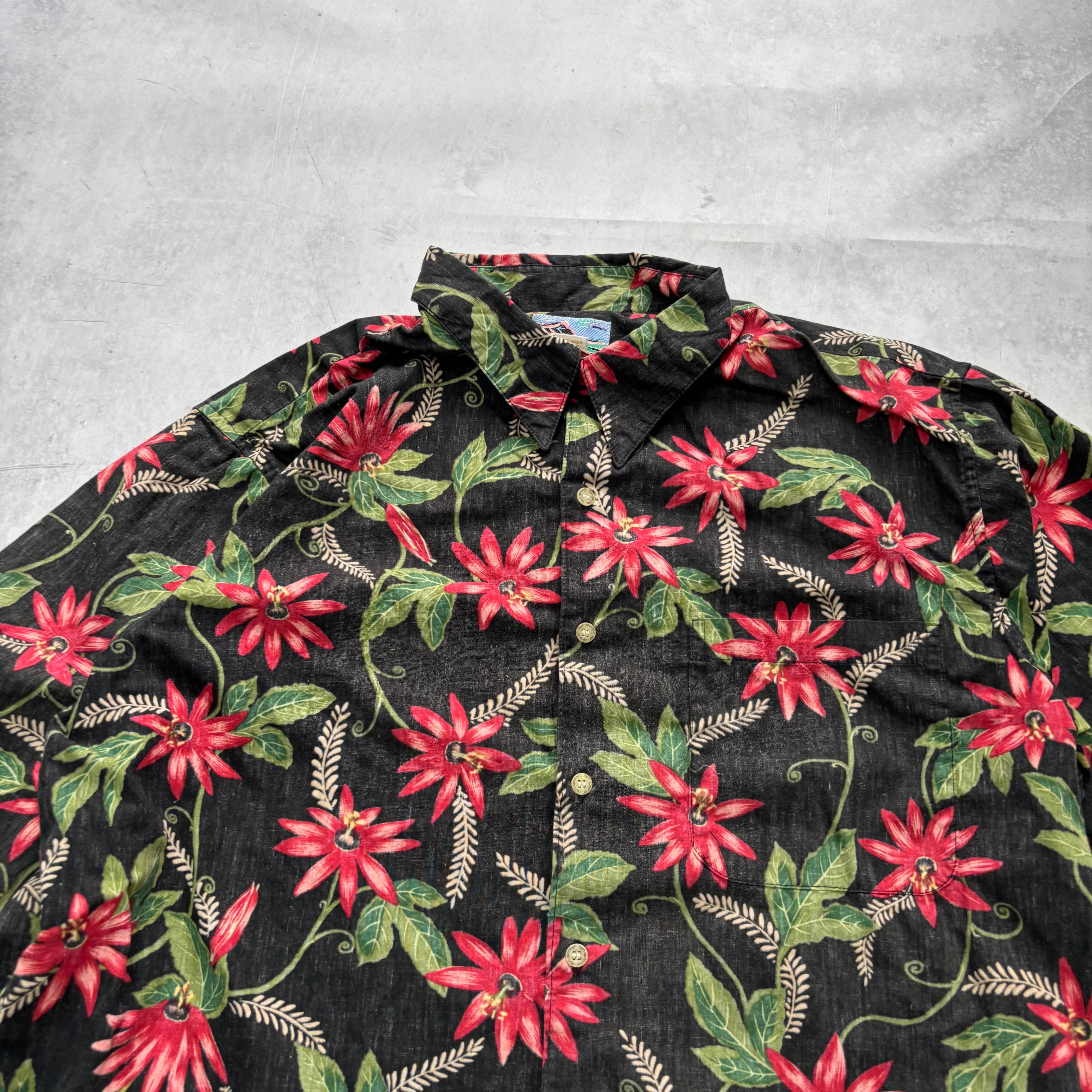 Vintage Hawaiian Shirt Mens Large Black Cotton Aloha Floral Reyn Spooner (E)