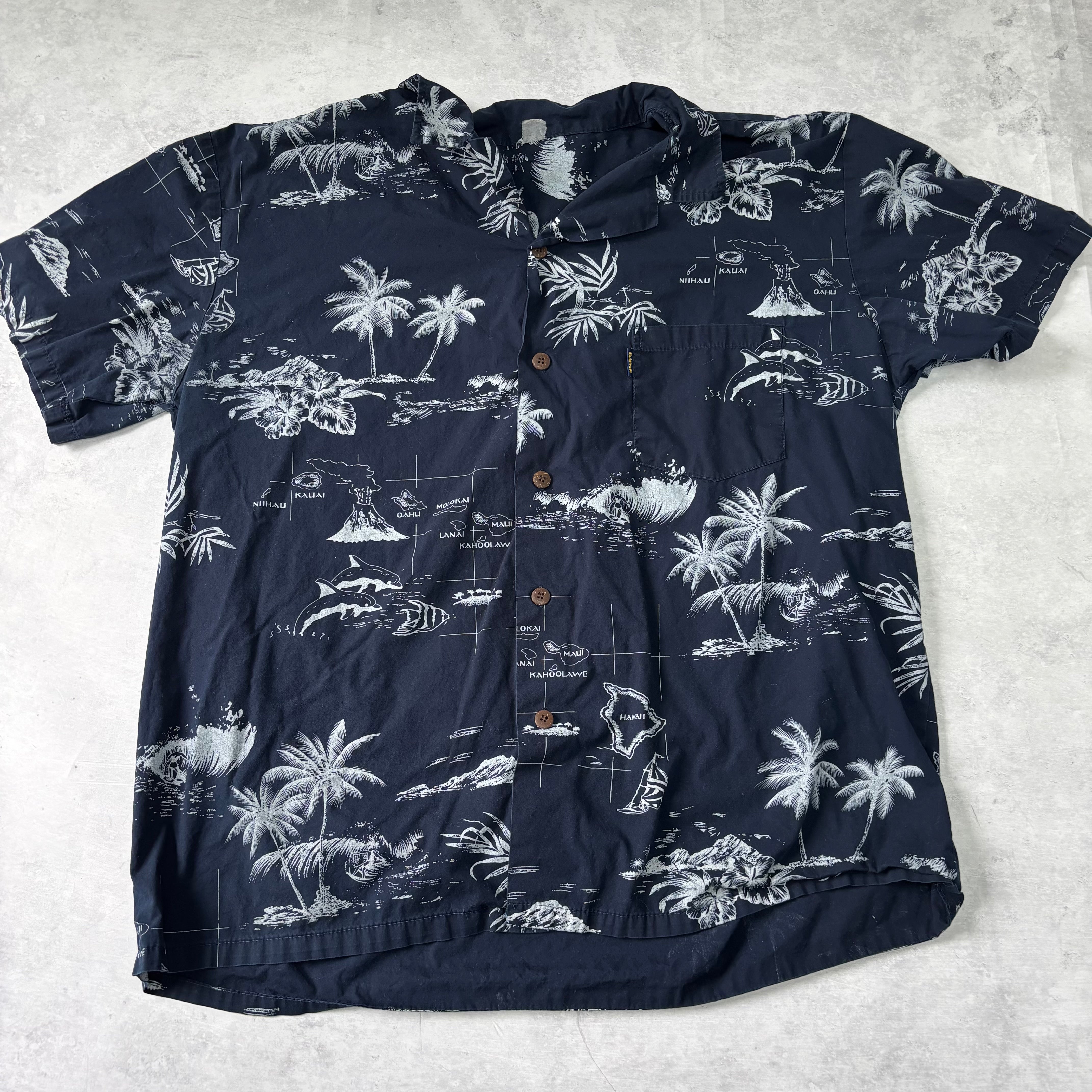 Vintage Hawaiian Shirt Mens XL Navy Blue Floral Aloha Short Sleeve (E)