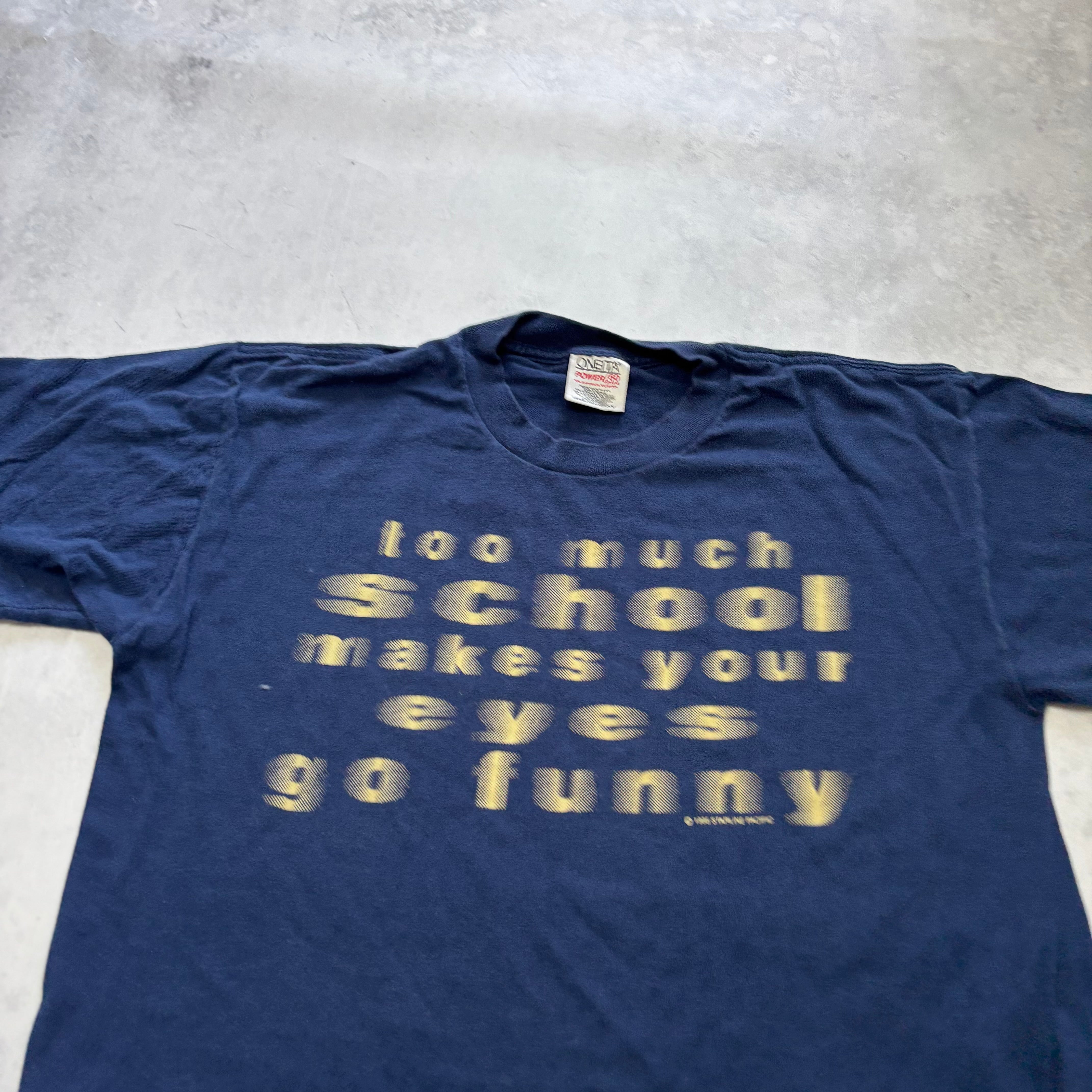 Vintage T Shirt Mens Medium Navy Blue Single Stitch Graphic Print 90s Funny