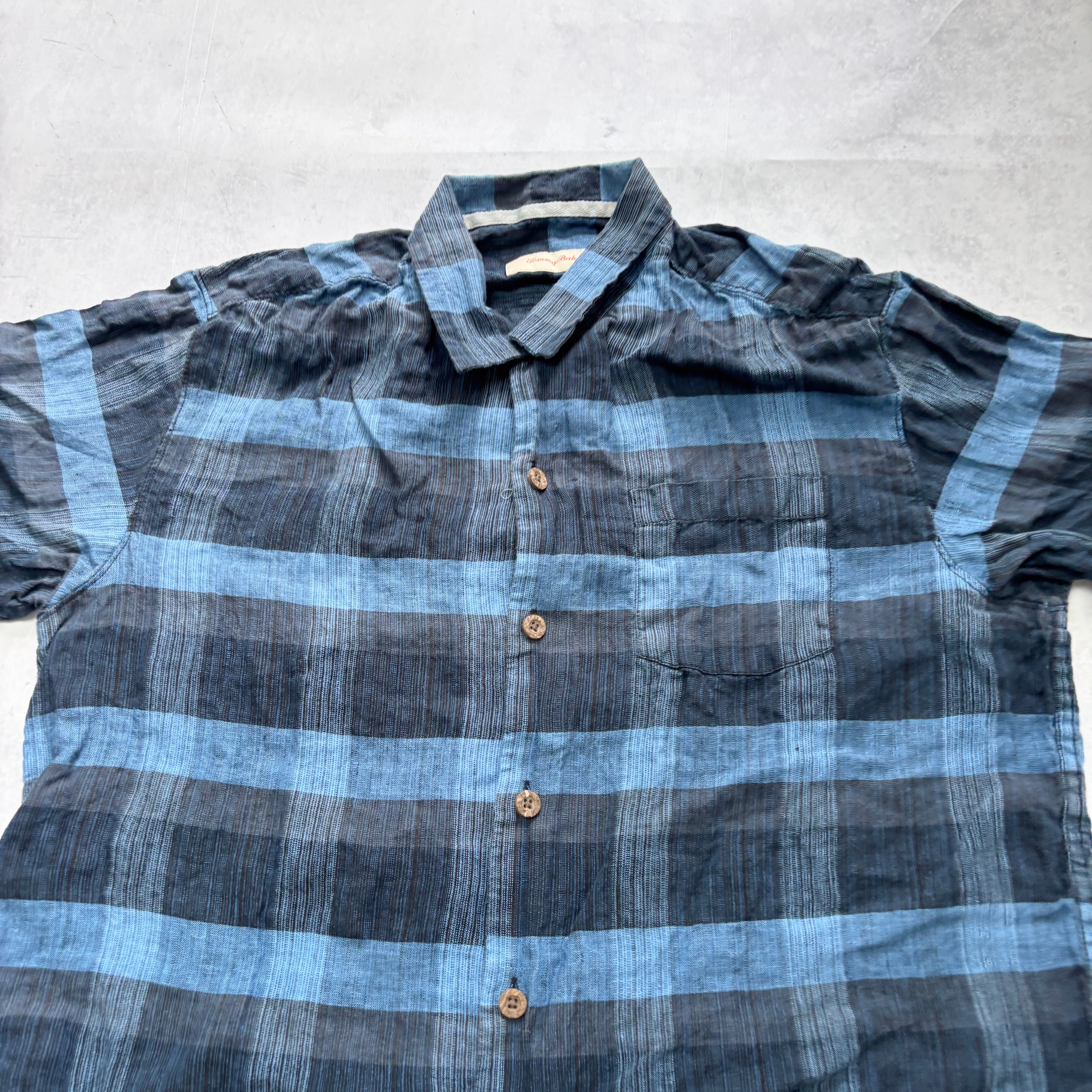 Vintage Tommy Bahama Shirt Mens Medium Navy Blue Check Linen (E)