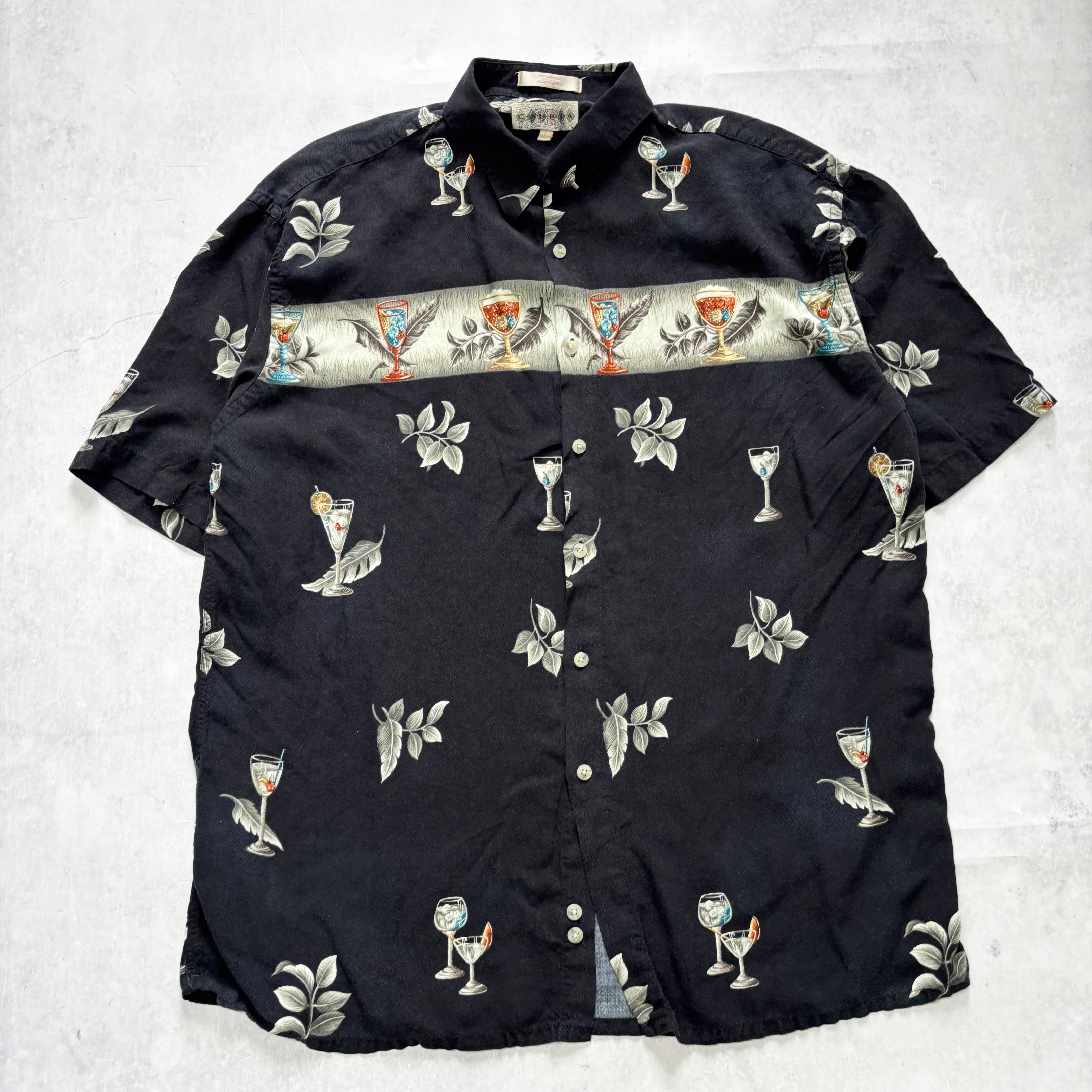 Vintage Hawaiian Shirt Mens Large Black Floral Aloha Short Sleeve Rayon