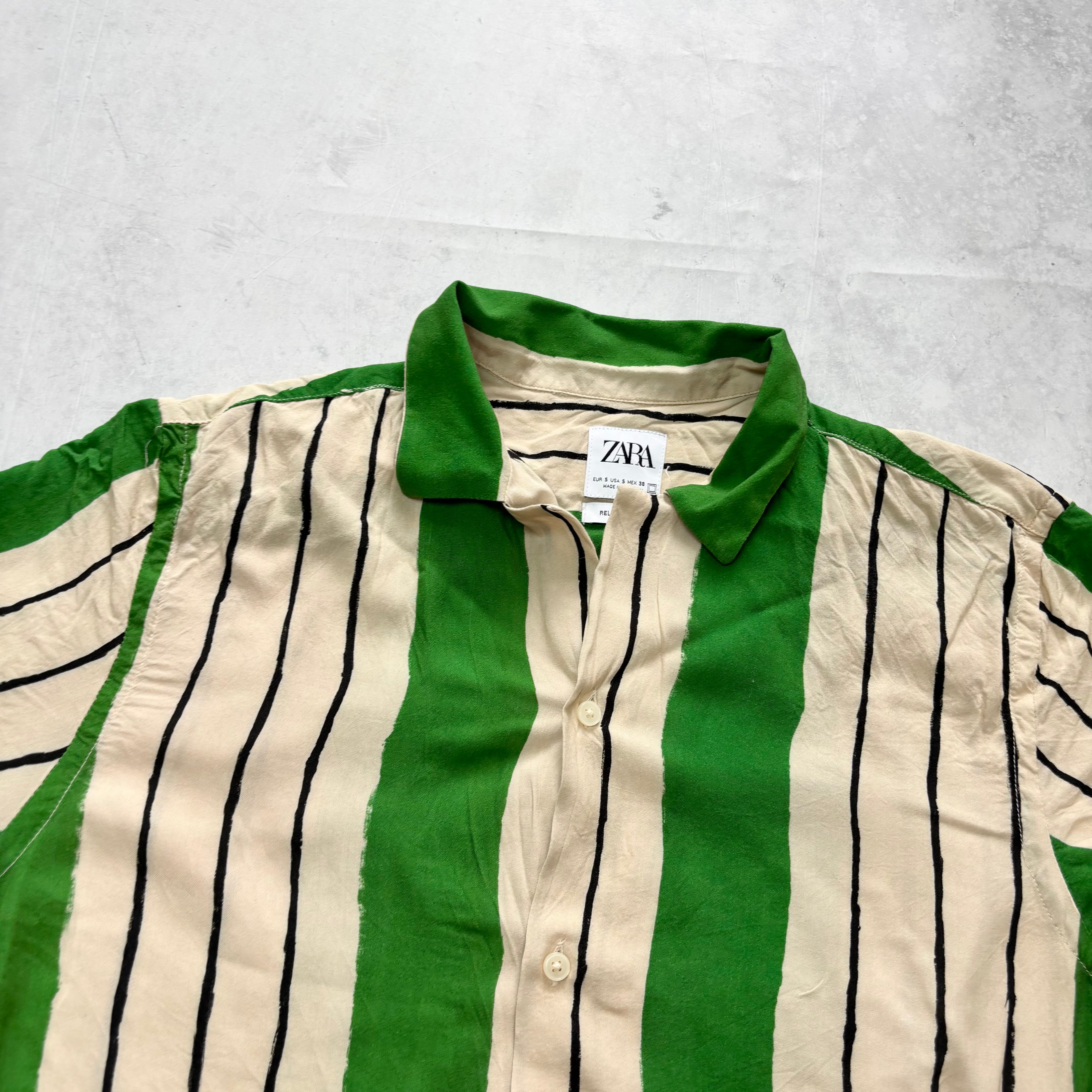 Zara Striped Shirt Mens Small Green Short Sleeve Viscose (E)