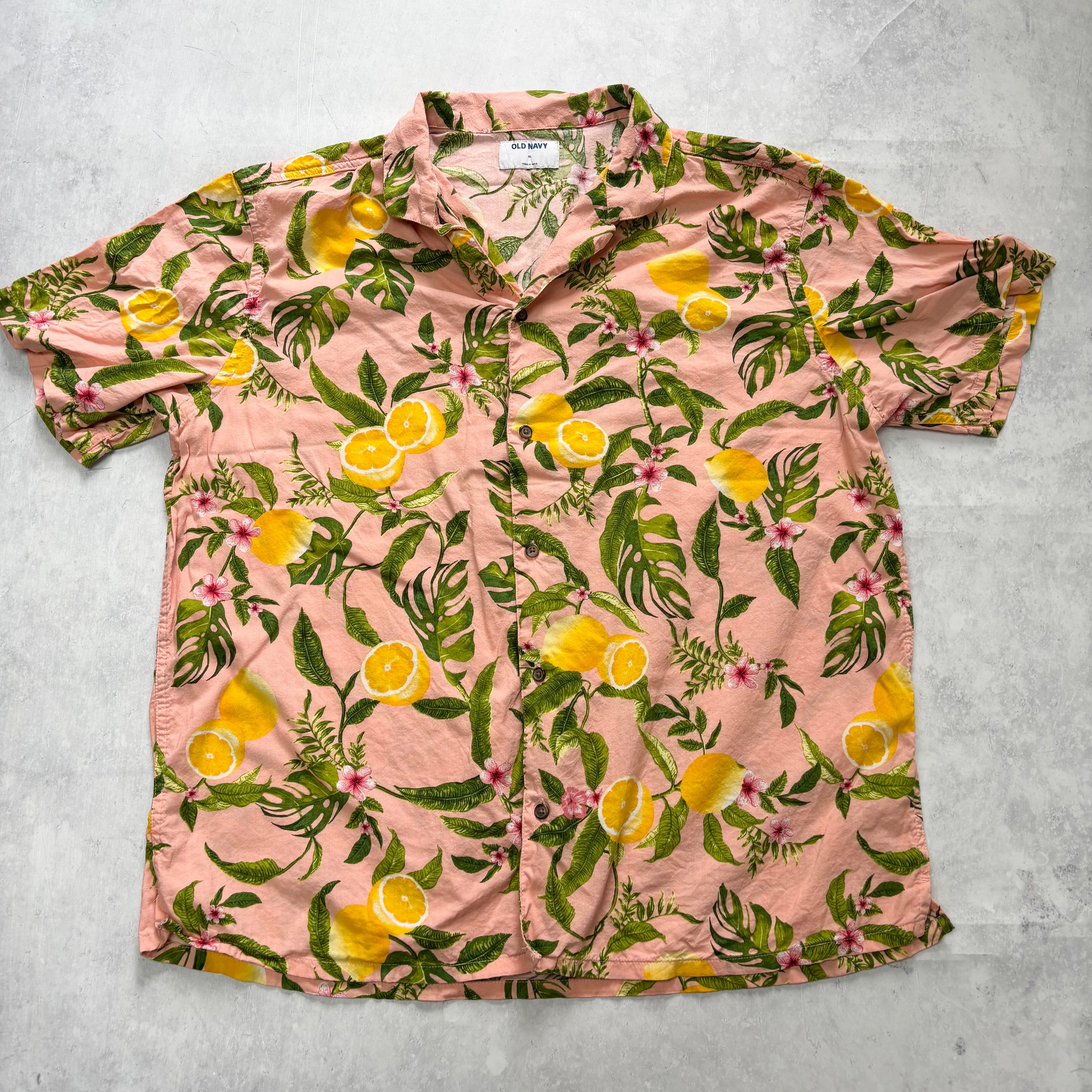 Hawaiian Shirt Mens XL Pink Floral Aloha Short Sleeve Cotton Old Navy (E)