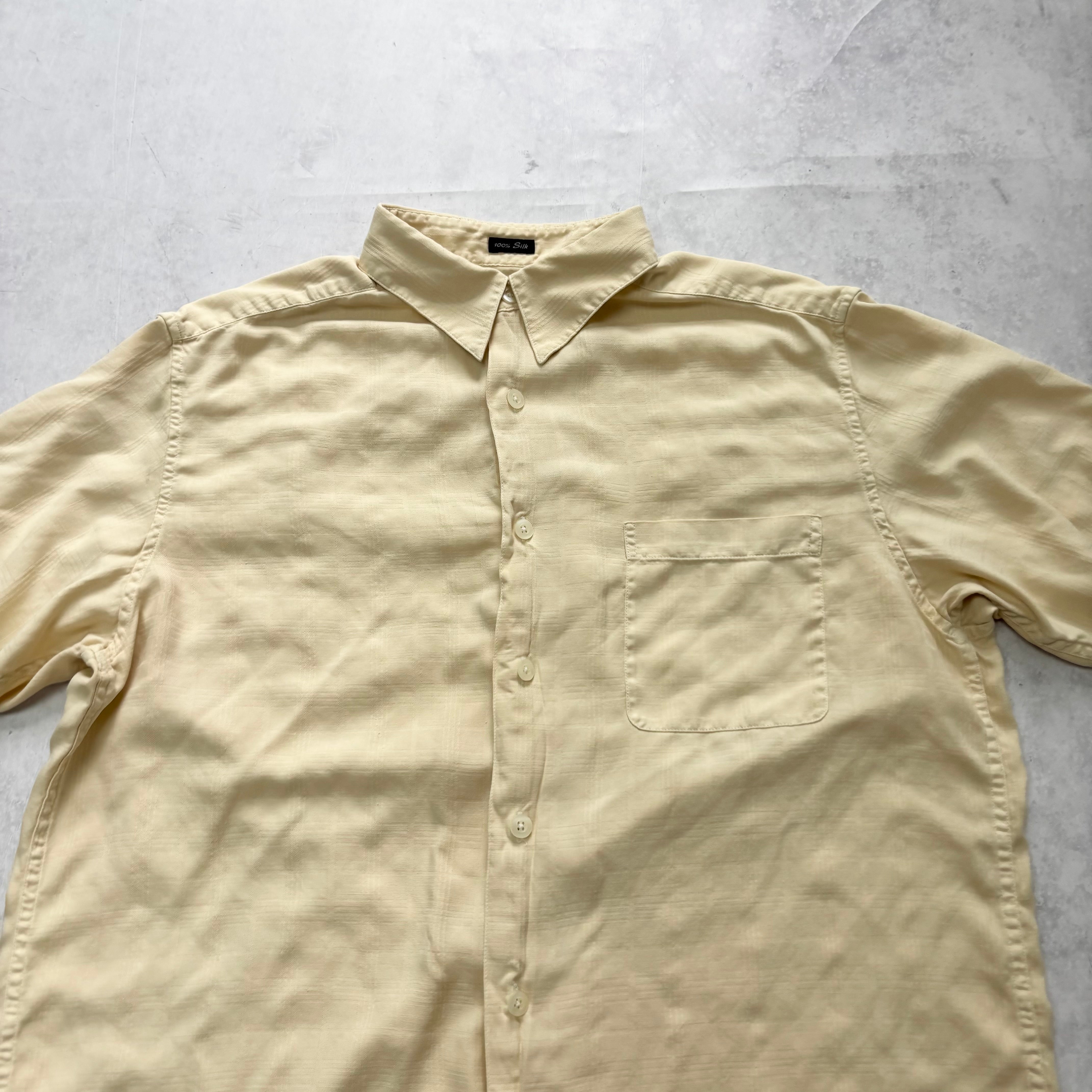 Mens Silk Shirt Large Yellow Check Short Sleeve (E)