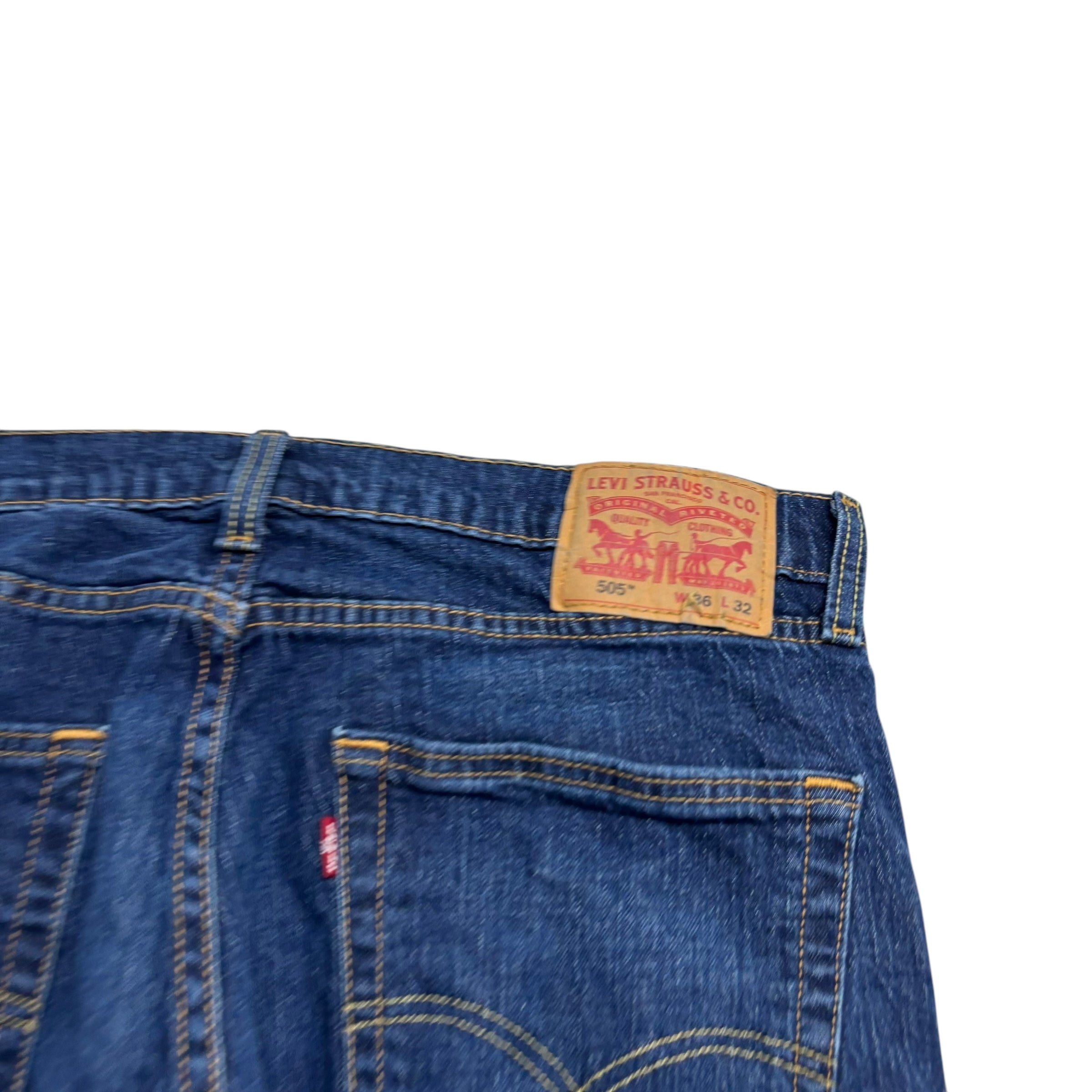 Levis 505 Jeans W36 L32 Mens Dark Blue Regular Straight Fit Stretch Denim (E)