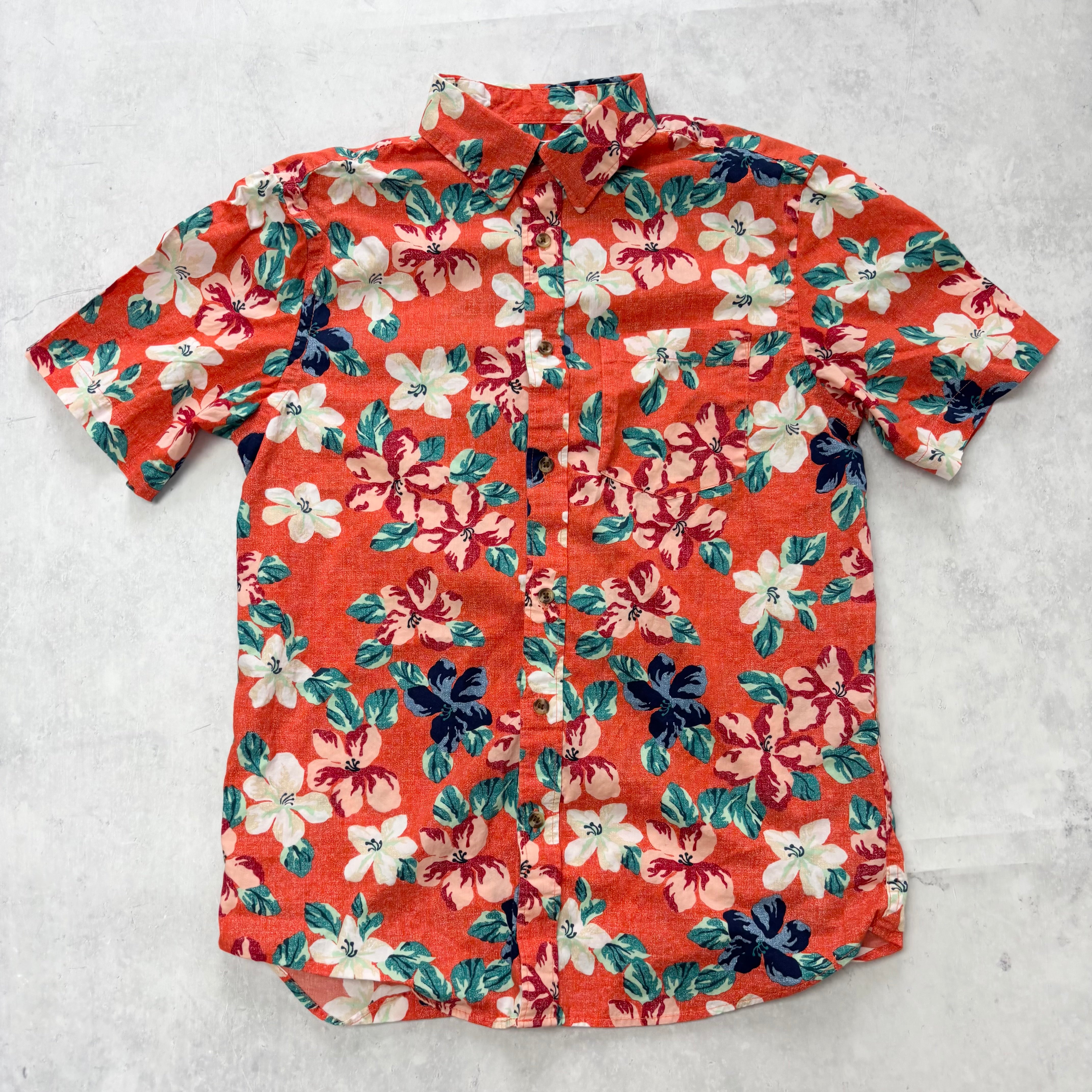 Old Navy Hawaiian Shirt Mens Small Orange Aloha Short Sleeve Cotton Slim Fit (E)
