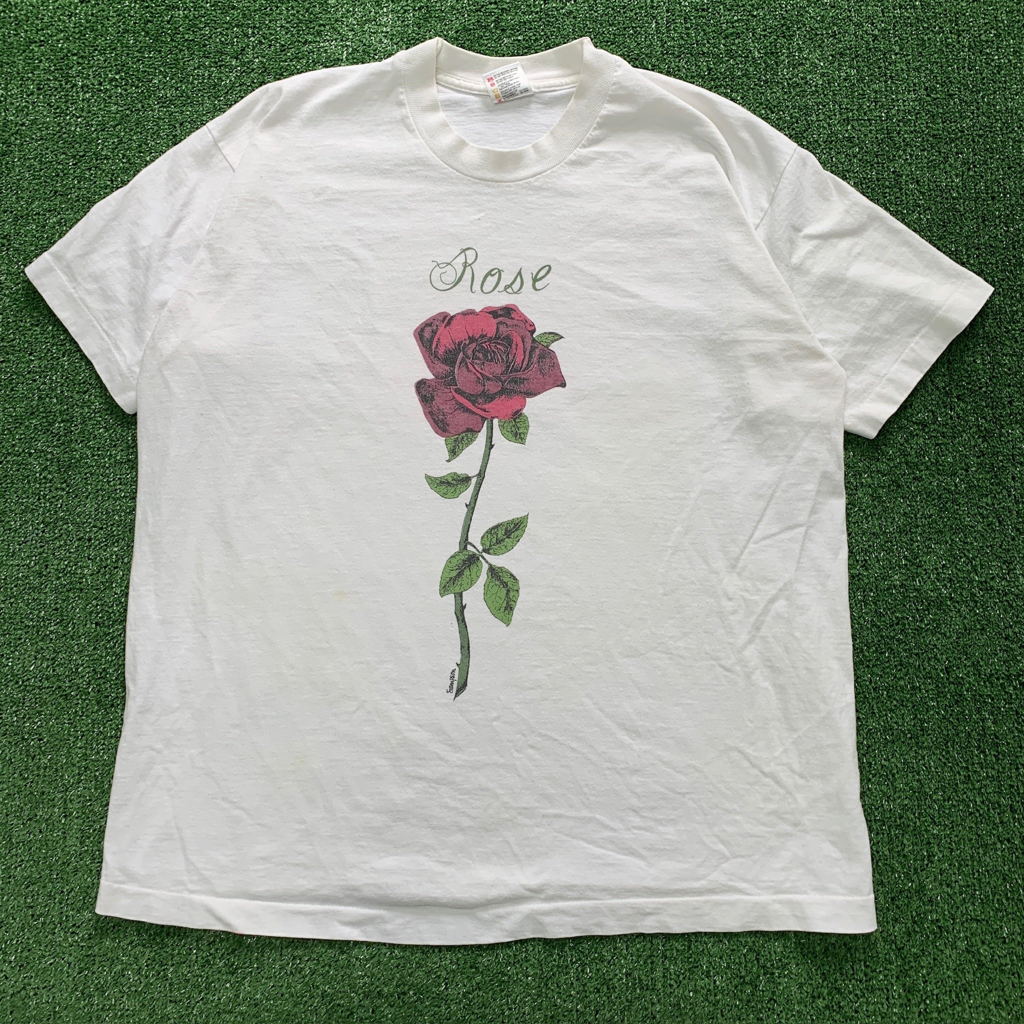 Vintage T Shirt Mens XL White Single Stitch Graphic Print 90s USA Rose Flowers