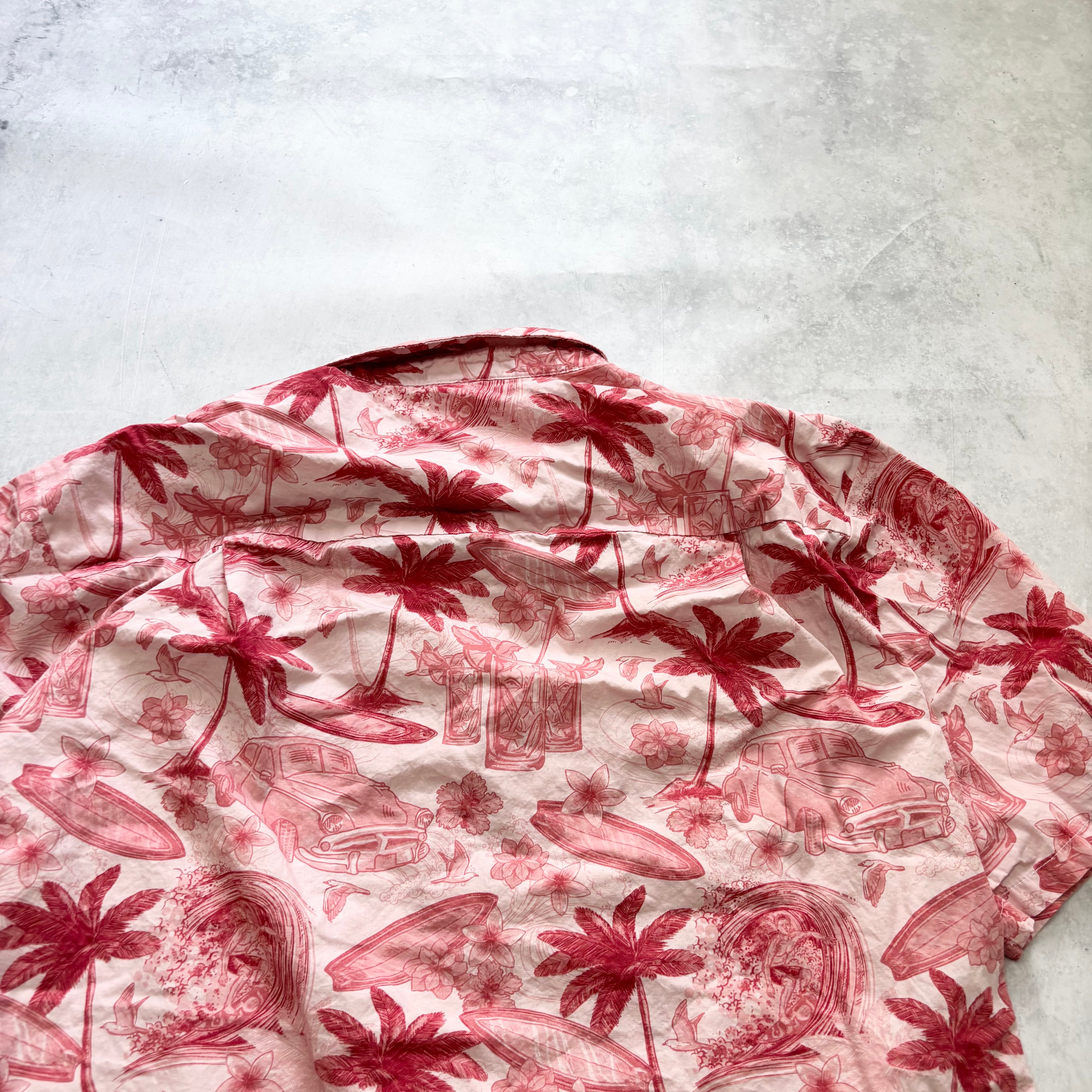 Hawaiian Shirt Mens XL Pink Floral Aloha Short Sleeve Cotton Funky (E)