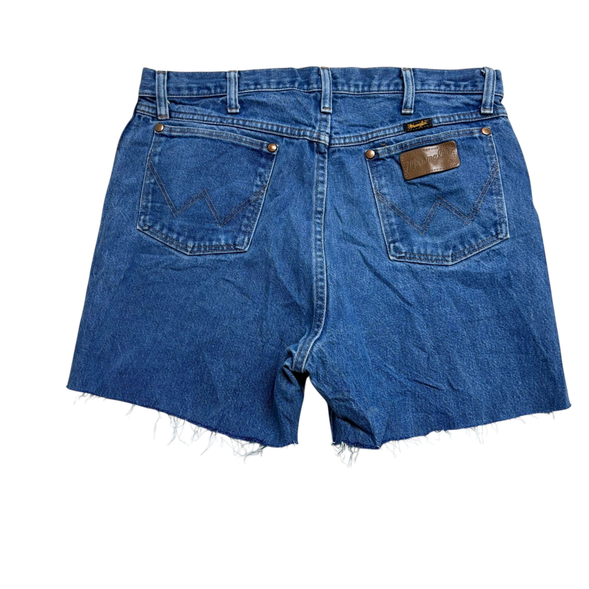 Wrangler Denim Shorts W33 Mens Mid Blue Cut Off 4in Regular Fit Vintage