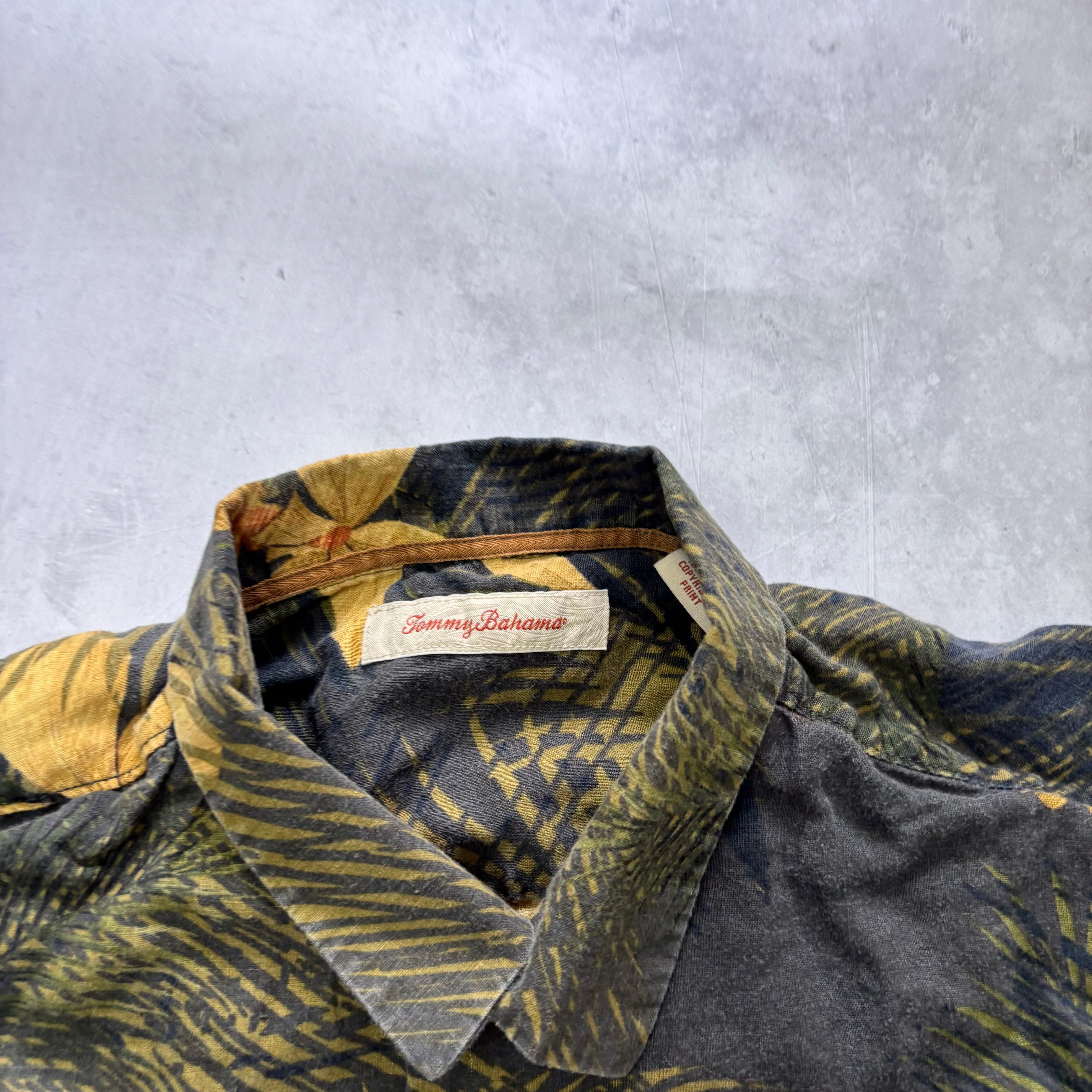 Vintage Hawaiian Shirt Mens Large Green Floral Cotton Tommy Bahama (E)