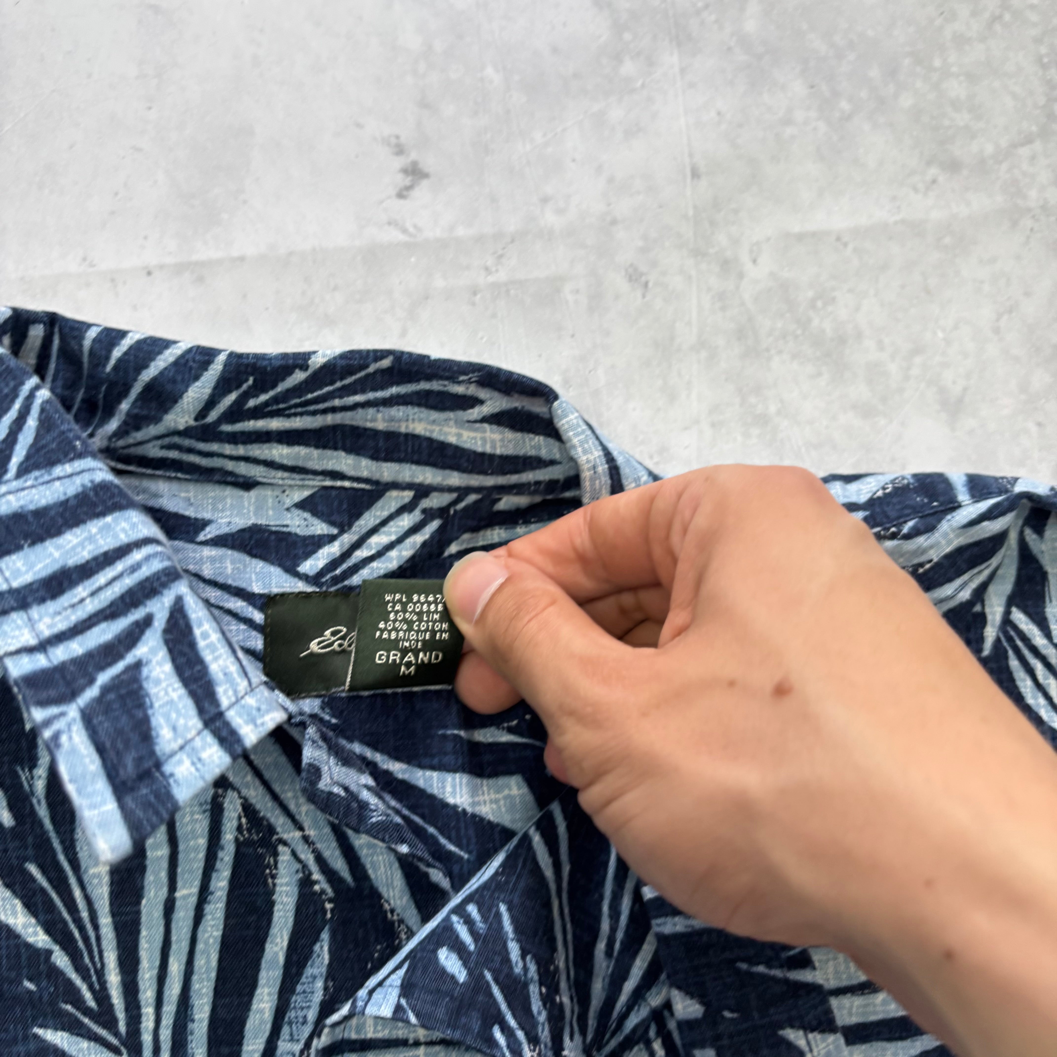 Eddie Bauer Hawaiian Shirt Mens Medium Tall Blue Floral Aloha Linen Vintage (E)