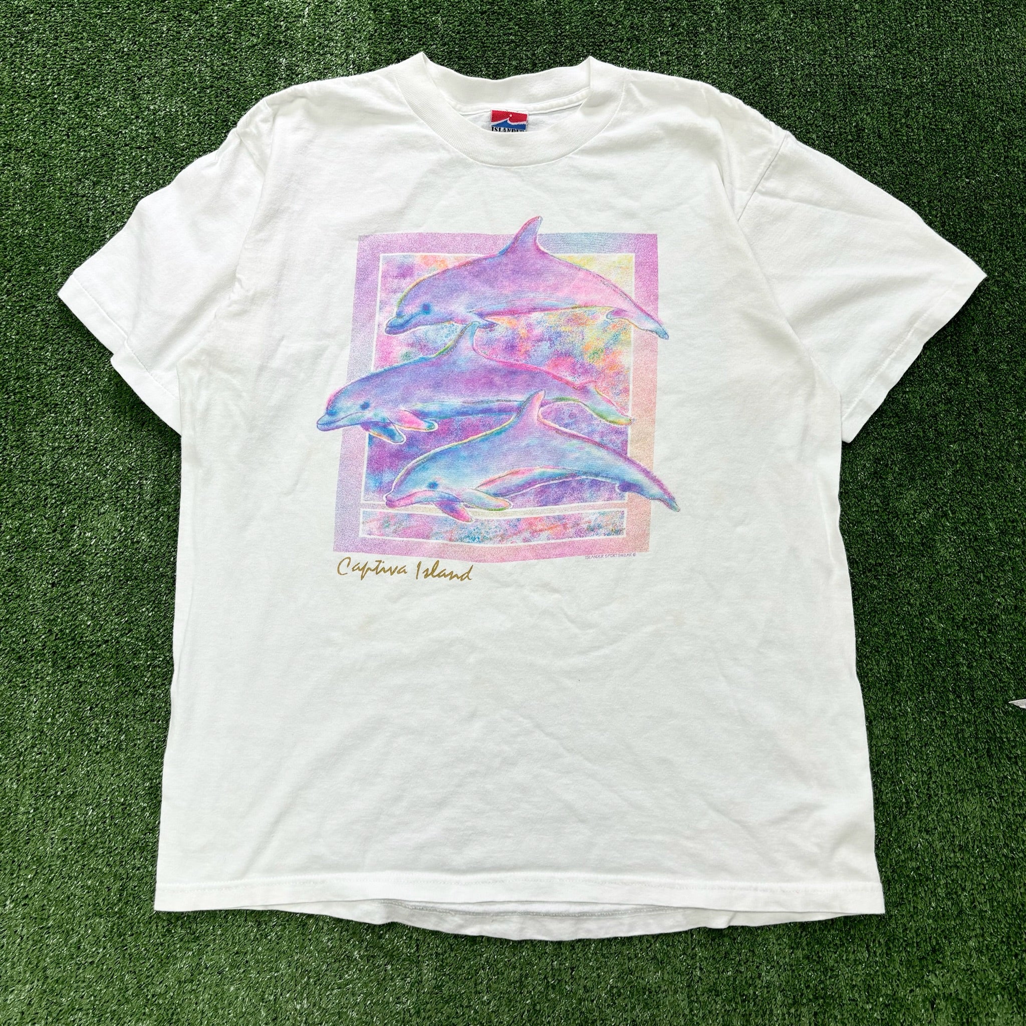 Vintage T Shirt Mens Large White Single Stitch Graphic Print 90s Dolphins