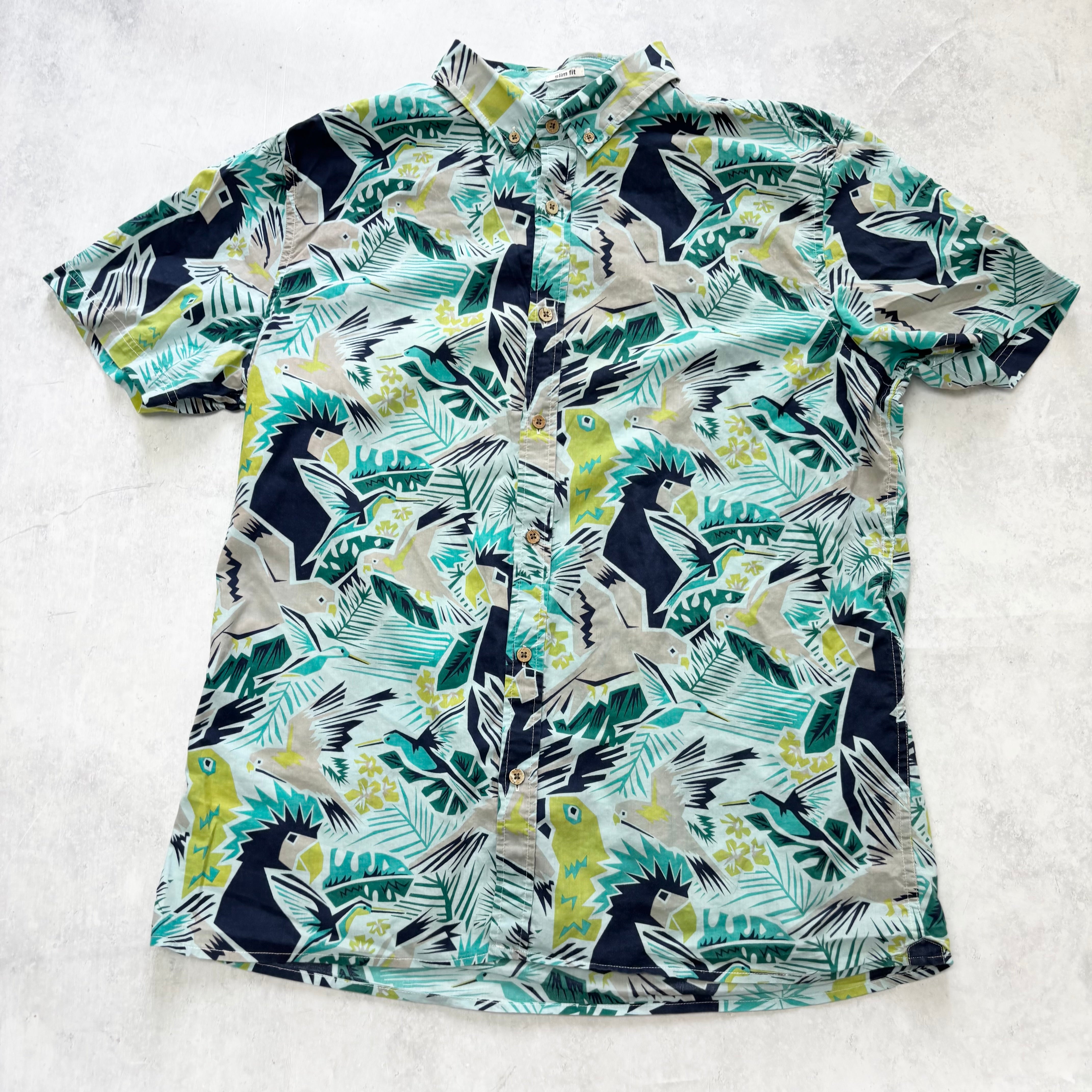 Hawaiian Shirt Mens Large Blue Aloha Floral Short Sleeve Cotton Slim Fit (E)