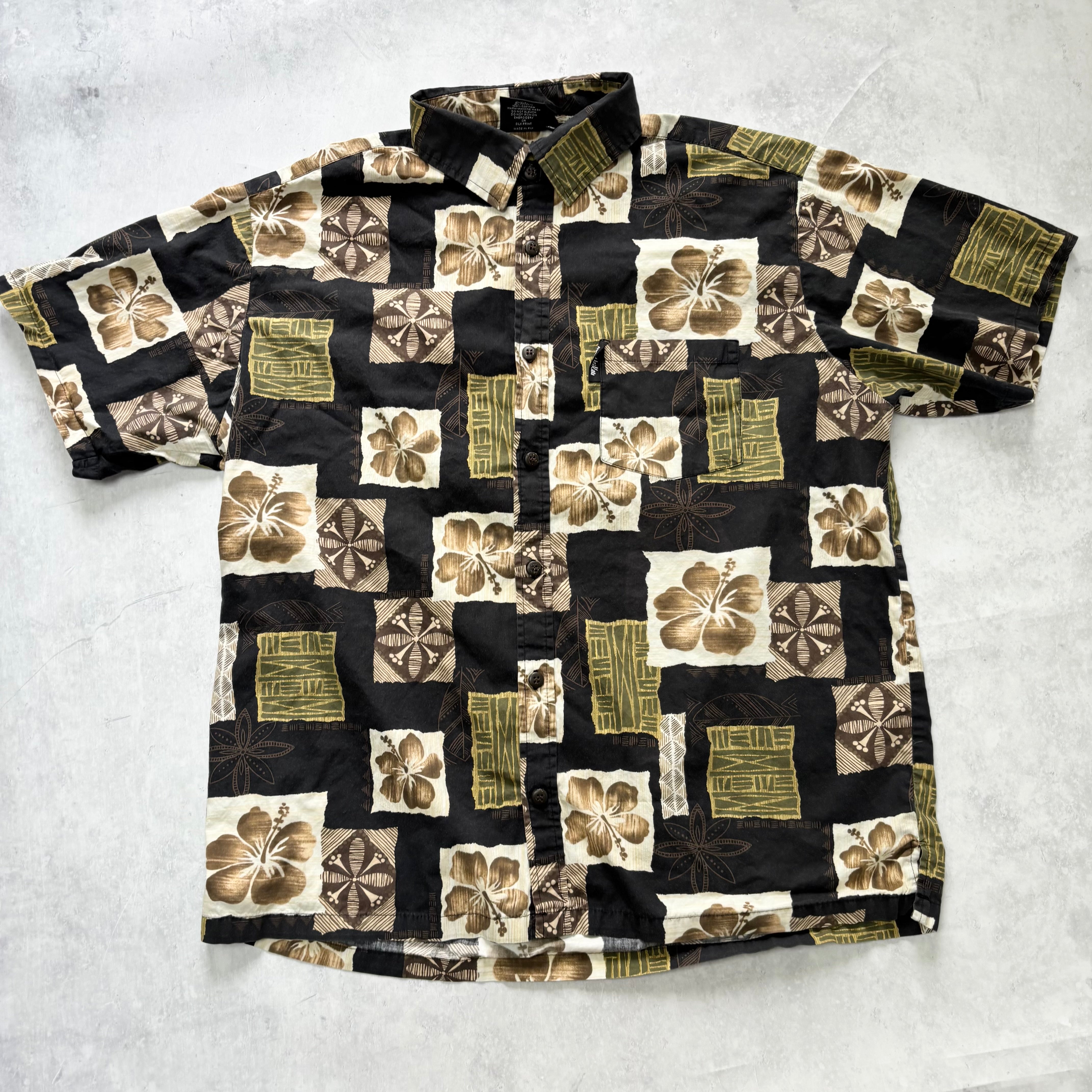 Vintage Hawaiian Shirt Mens XL Black Floral Aloha Short Sleeve Cotton (E)