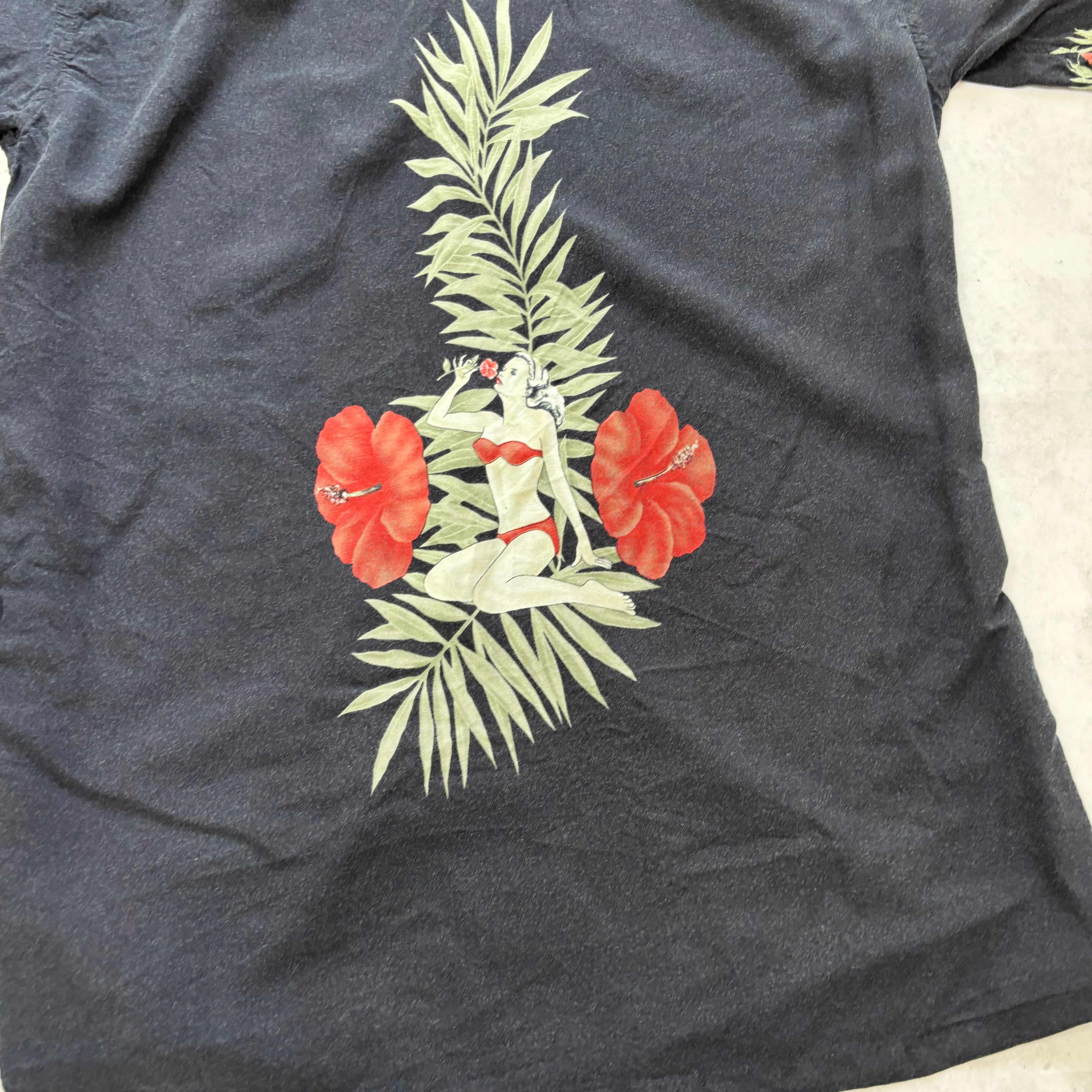 Vintage Hawaiian Shirt Mens Small Black Floral Aloha Short Sleeve Rayon