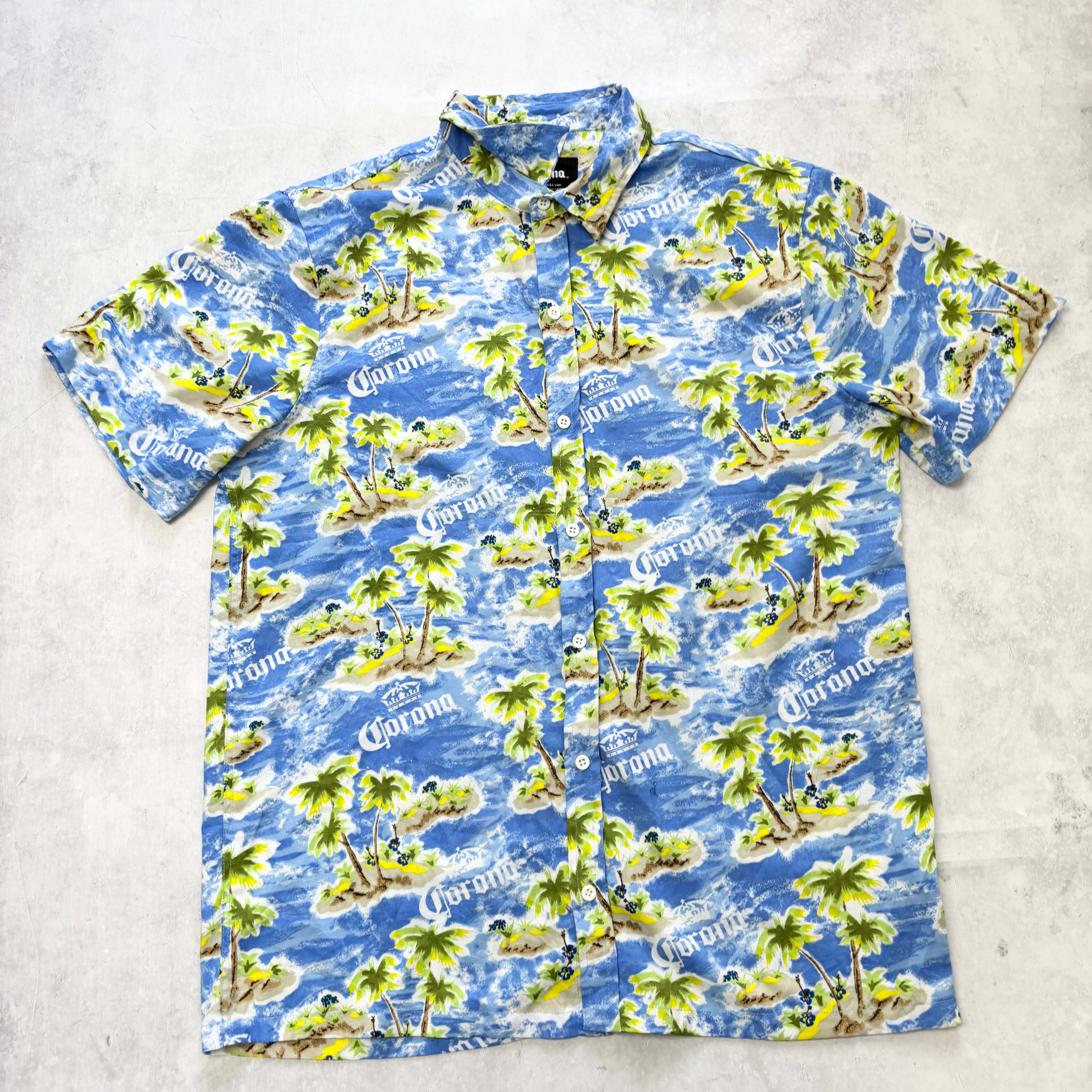 Corona Hawaiian Shirt Mens Large Blue Floral Aloha Short Sleeve Polyester (E)