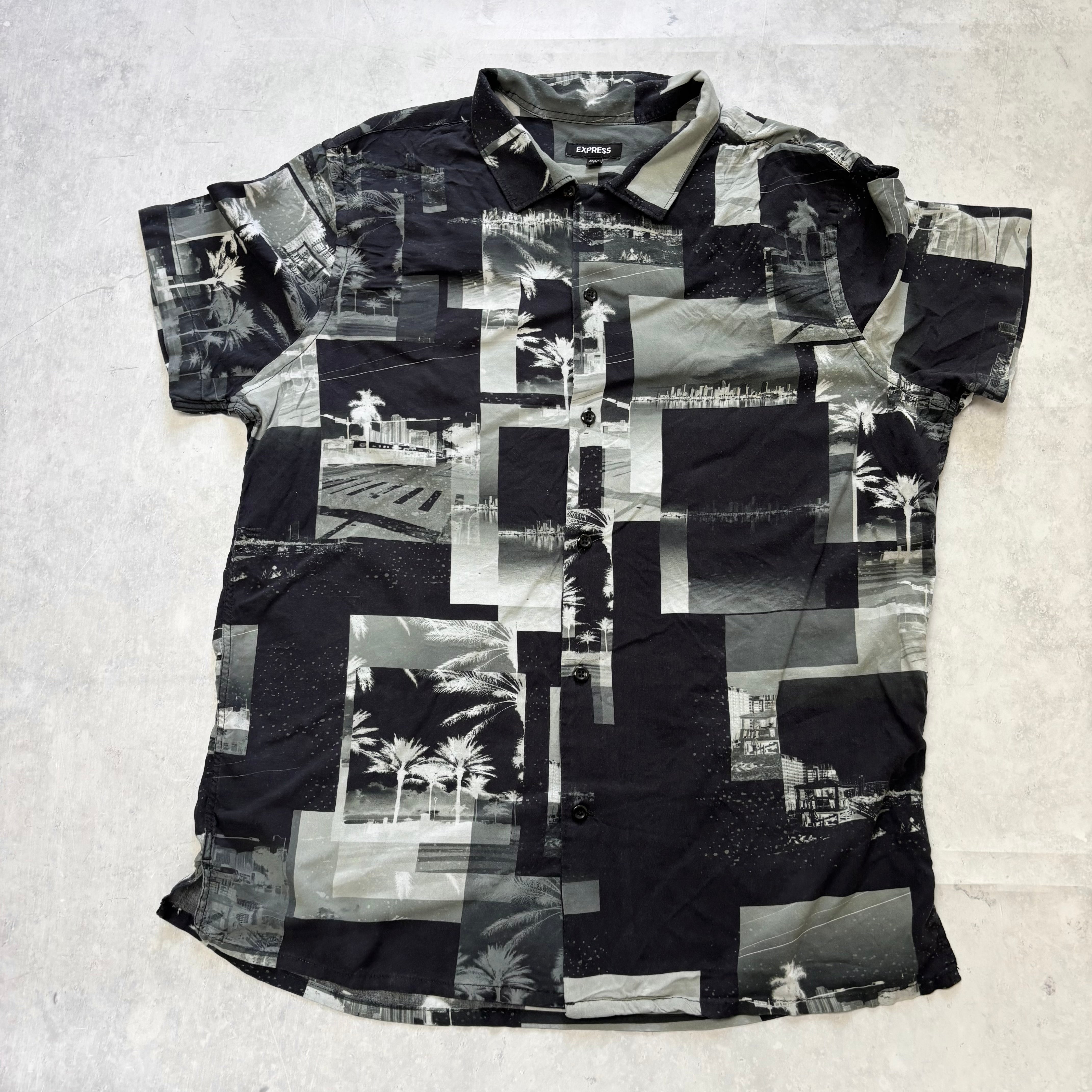 Hawaiian Shirt Mens Large Black Floral Aloha Short Sleeve Rayon Slim Fit (E)