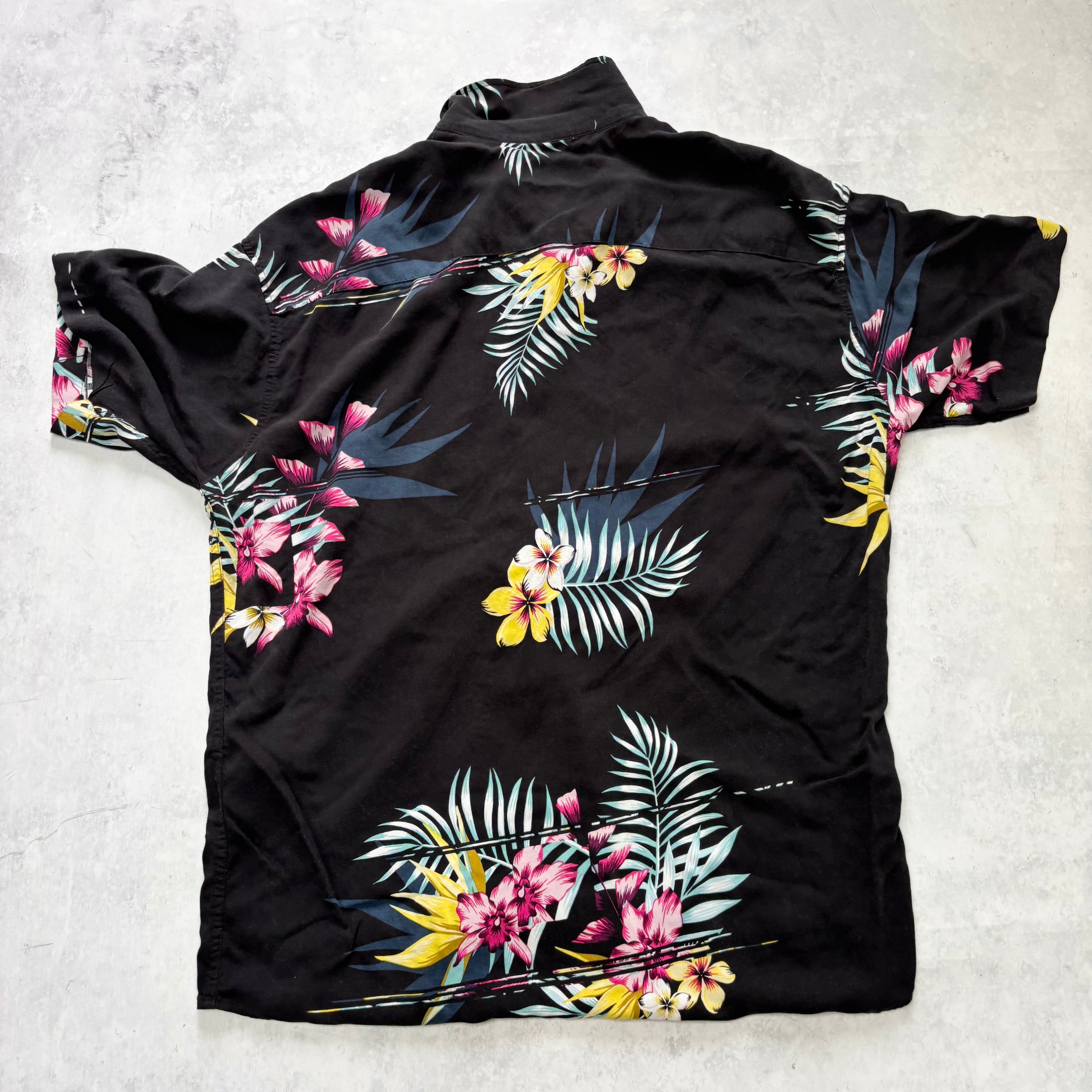 Hawaiian Shirt Mens XL Black Floral Aloha Short Sleeve Viscose (E)
