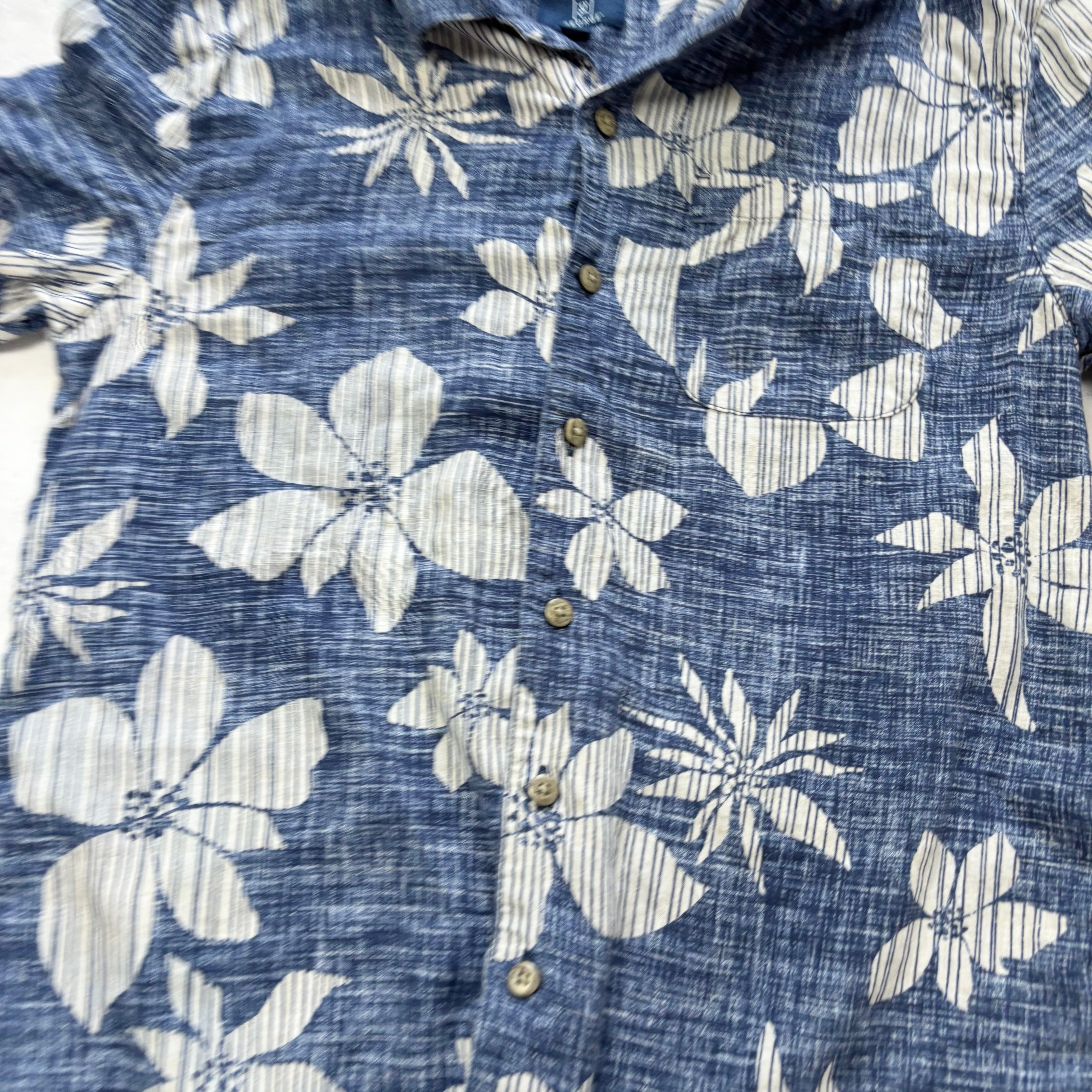 George Hawaiian Shirt Mens Small Blue Floral Aloha Short Sleeve Linen (E)