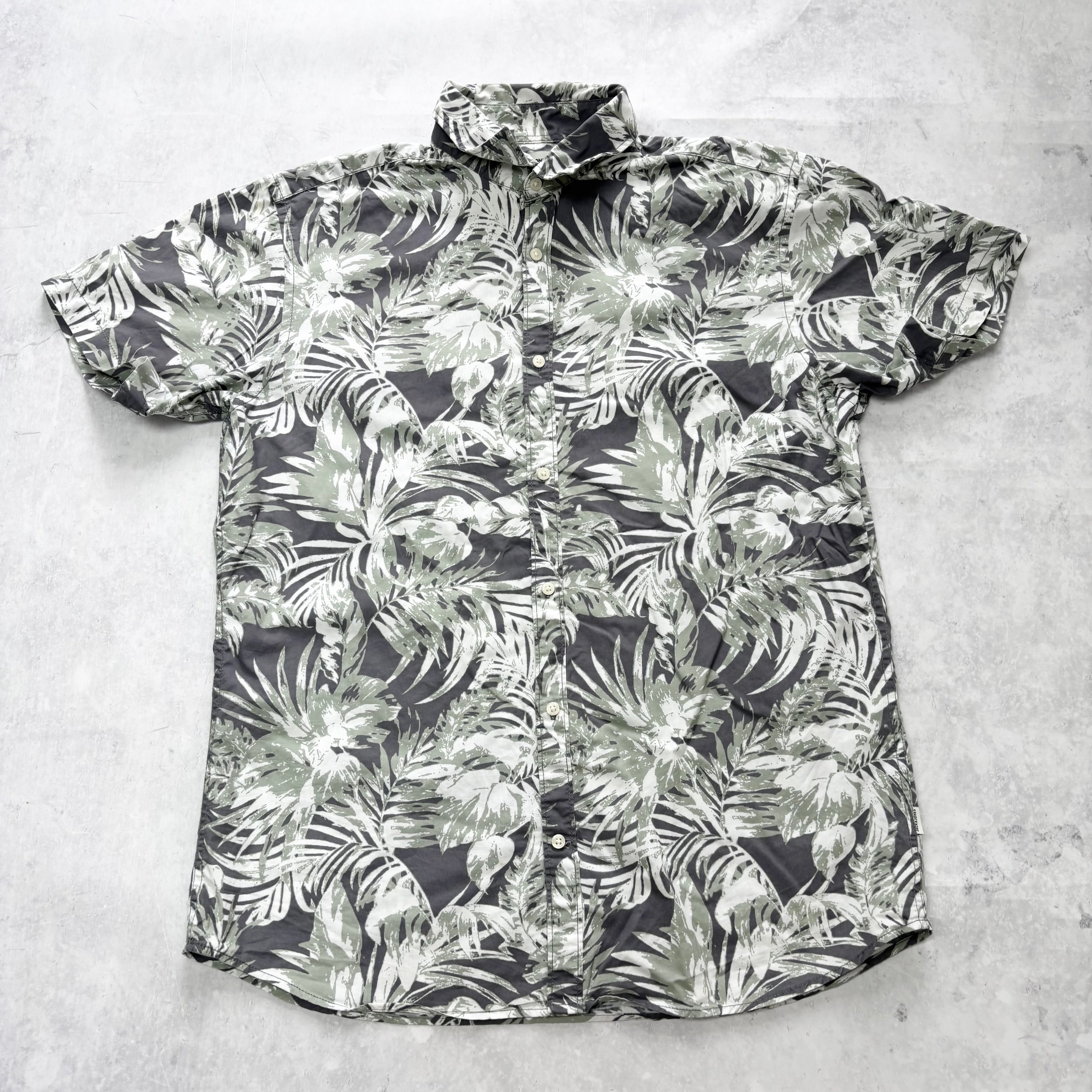 Hawaiian Shirt Mens Large Green Floral Aloha Short Sleeve Cotton Slim Fit (E)