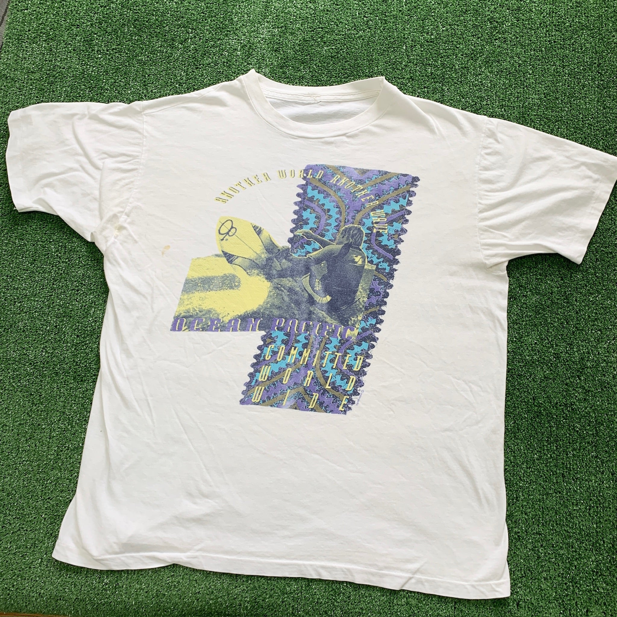 Vintage T Shirt Mens XL White Single Stitch Graphic Print 90s USA Surf