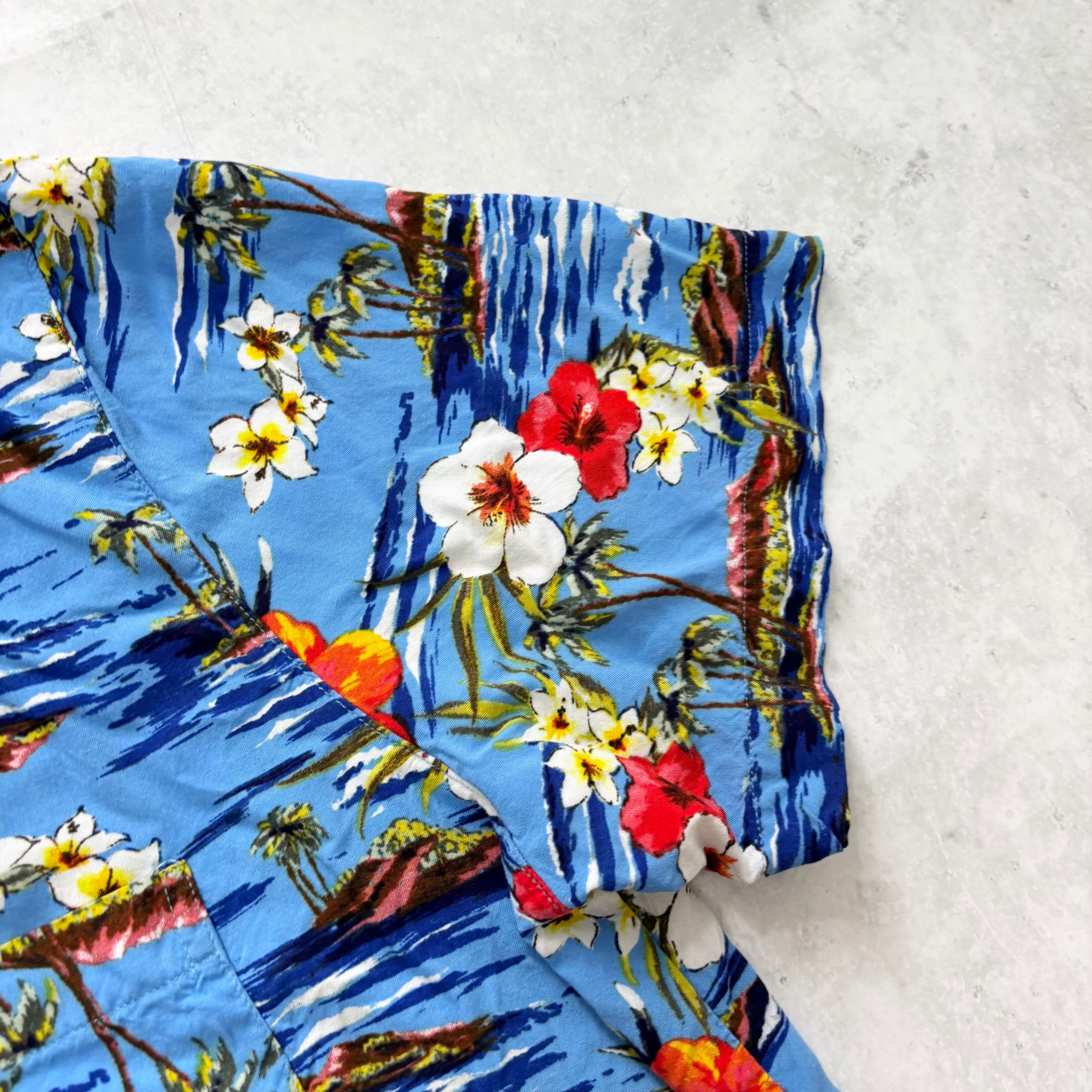Hawaiian Shirt Mens XL Blue Floral Aloha Short Sleeve Rayon (E)