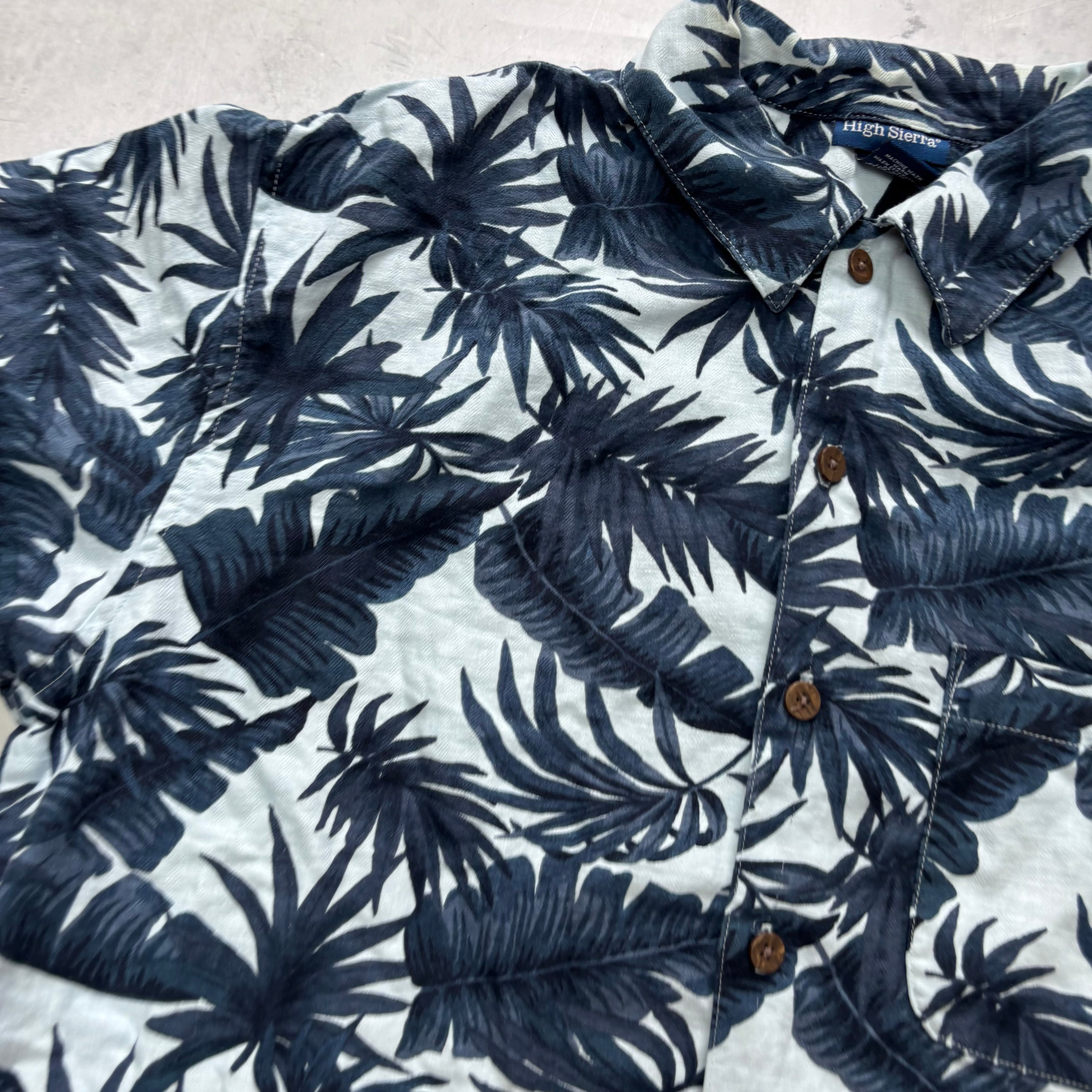 Hawaiian Shirt Mens Medium Blue Floral Aloha Short Sleeve Linen Blend (E)