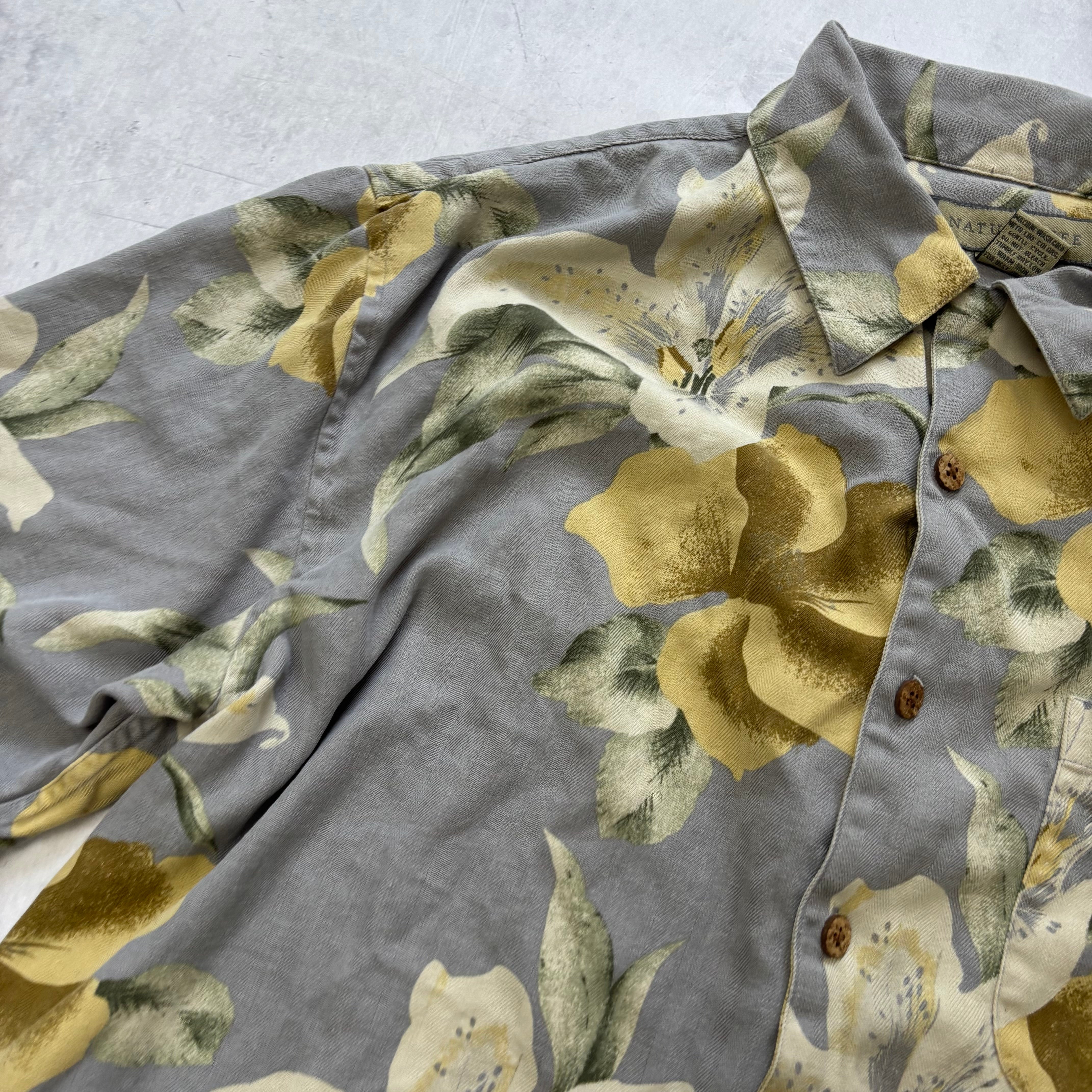 Vintage Hawaiian Shirt Mens Large Blue Silk Aloha Floral Short Sleeve Silk (E)