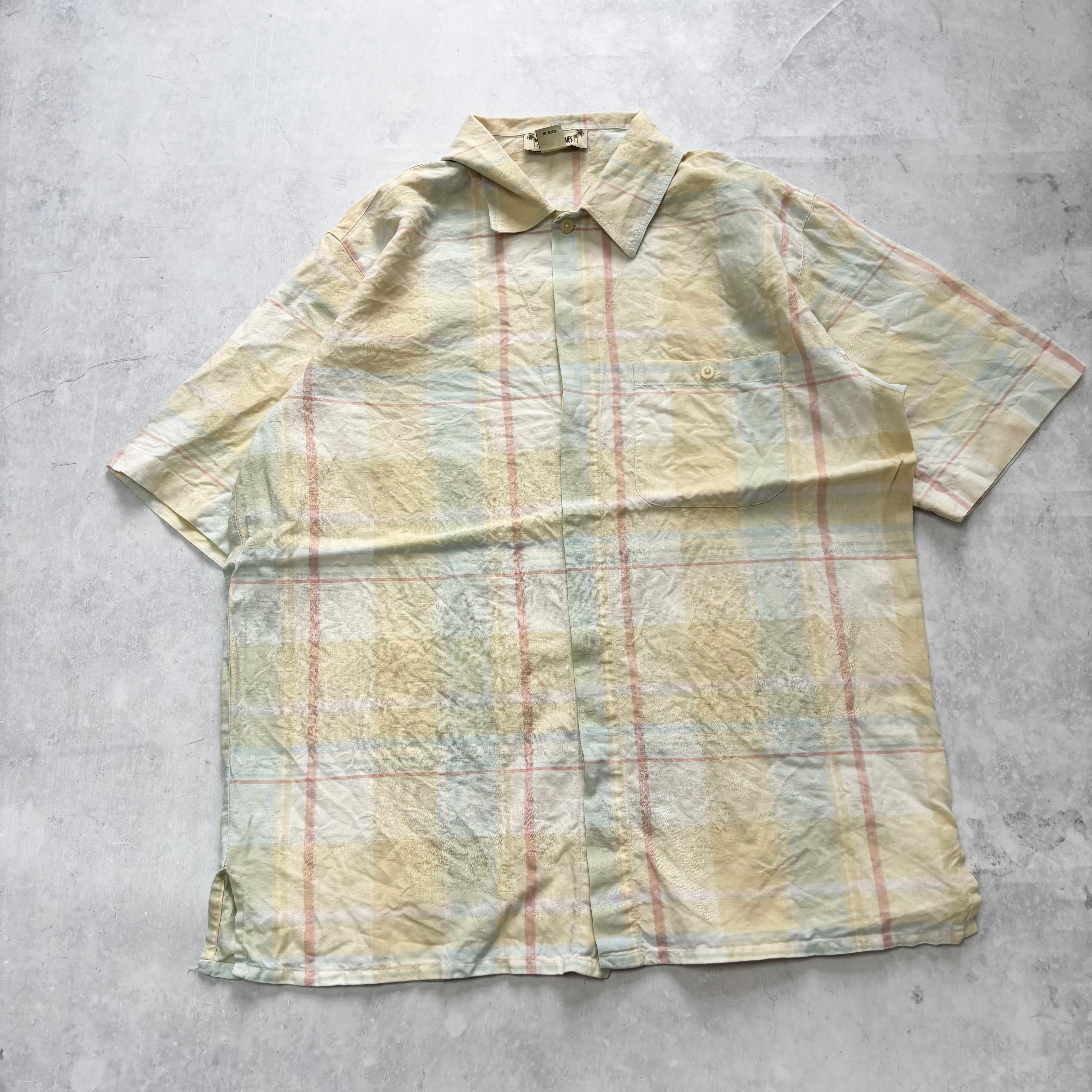 Vintage Check Shirt Mens Large Yellow Linen Short Sleeve (E)