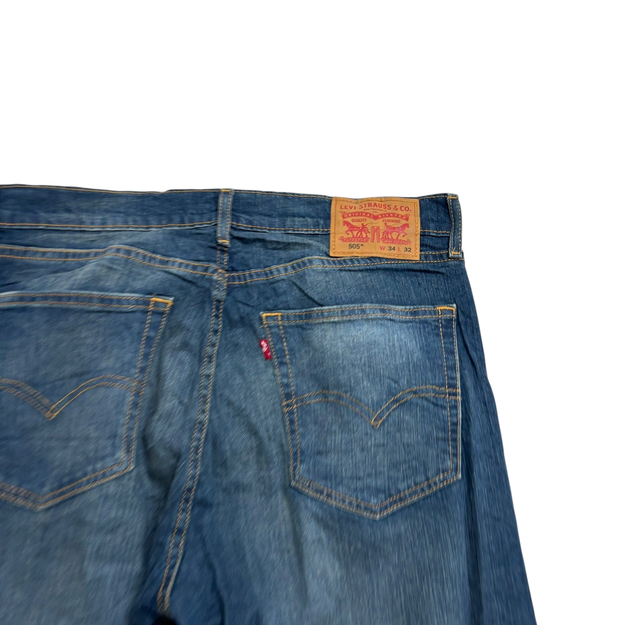 Levis 505 Jeans W34 L32 Mens Dark Blue Regular Straight Fit Stretch Denim (E)