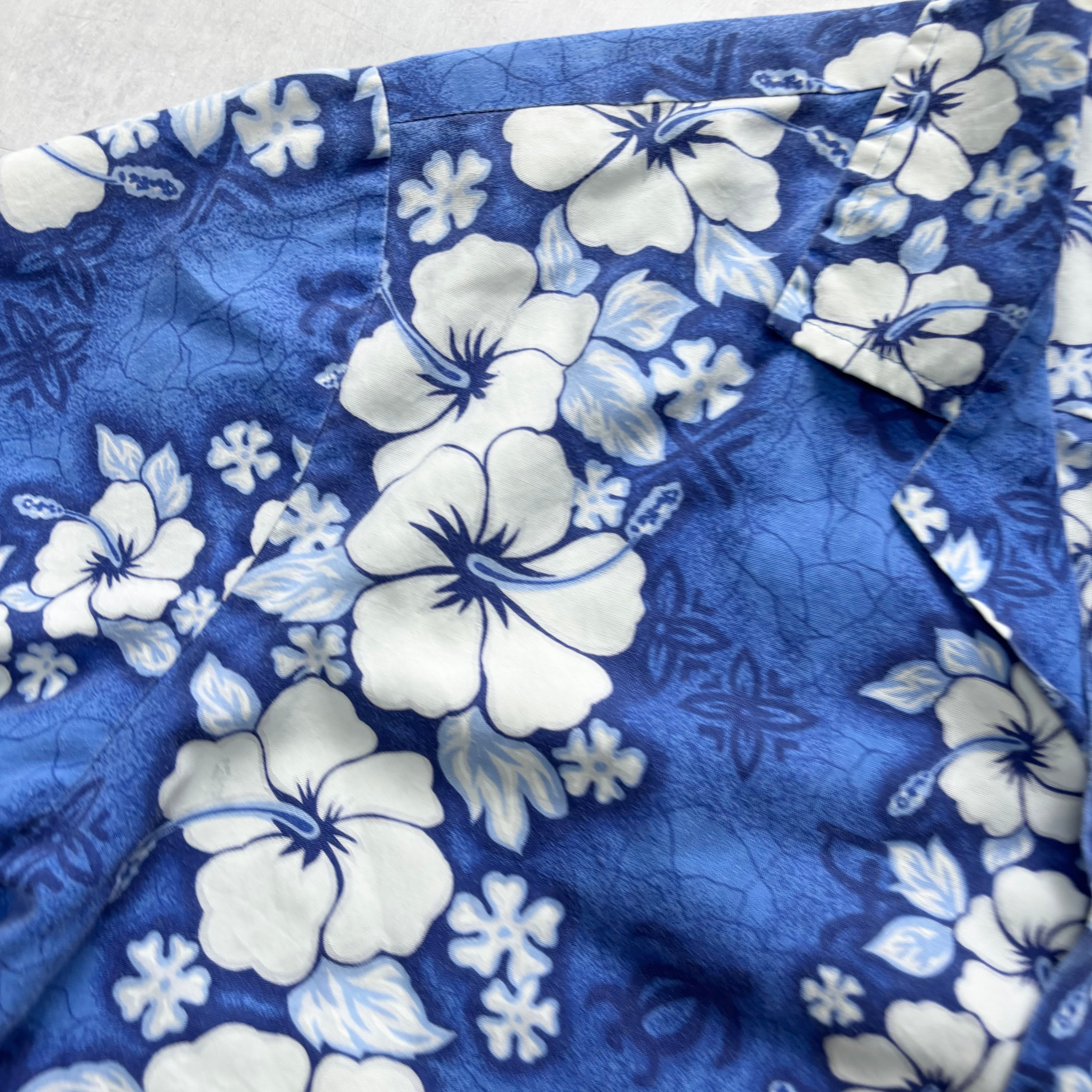 Vintage Hawaiian Shirt Mens Large Blue Floral Aloha Short Sleeve Cotton