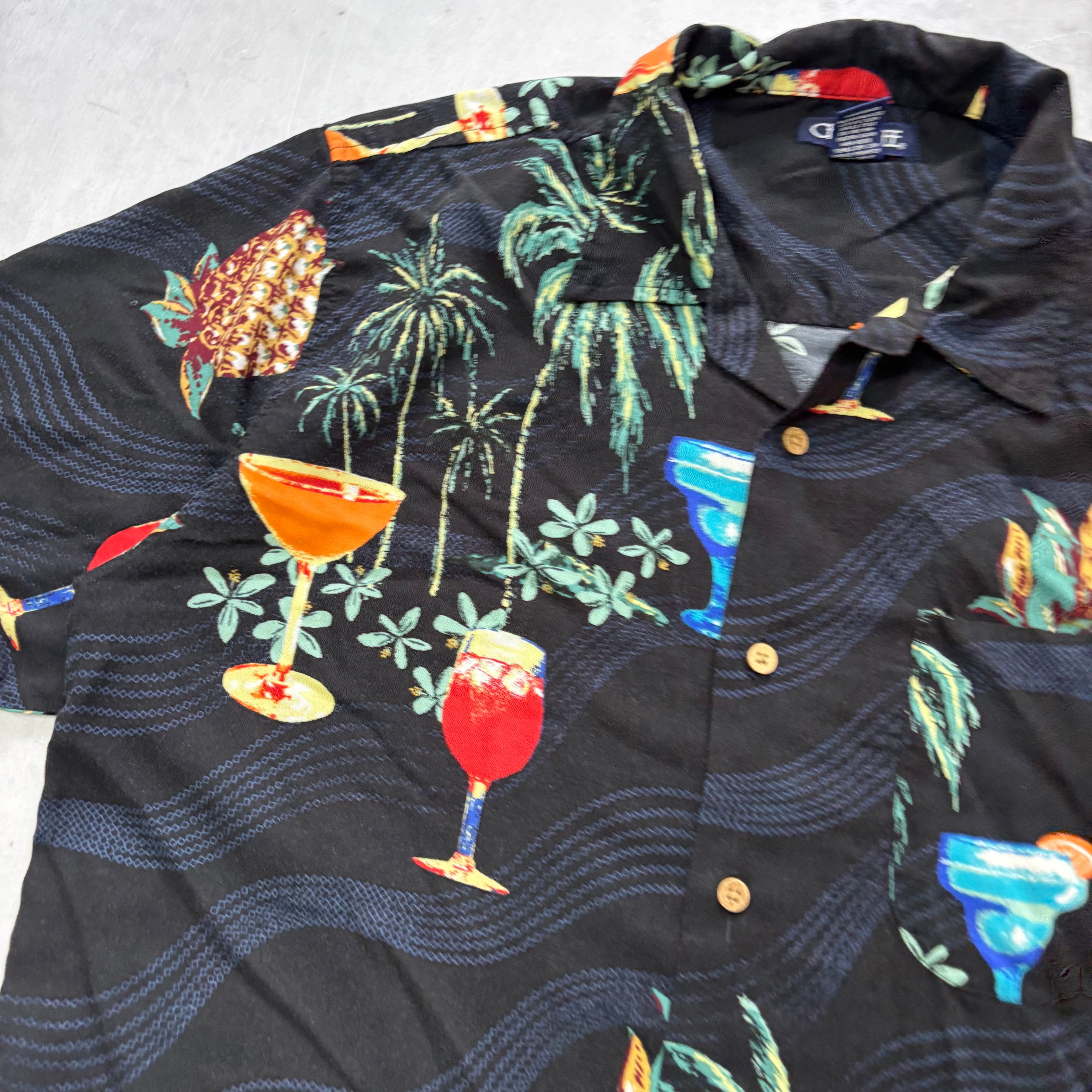 Vintage Hawaiian Shirt Mens Large Black Floral Aloha Short Sleeve Rayon (E)