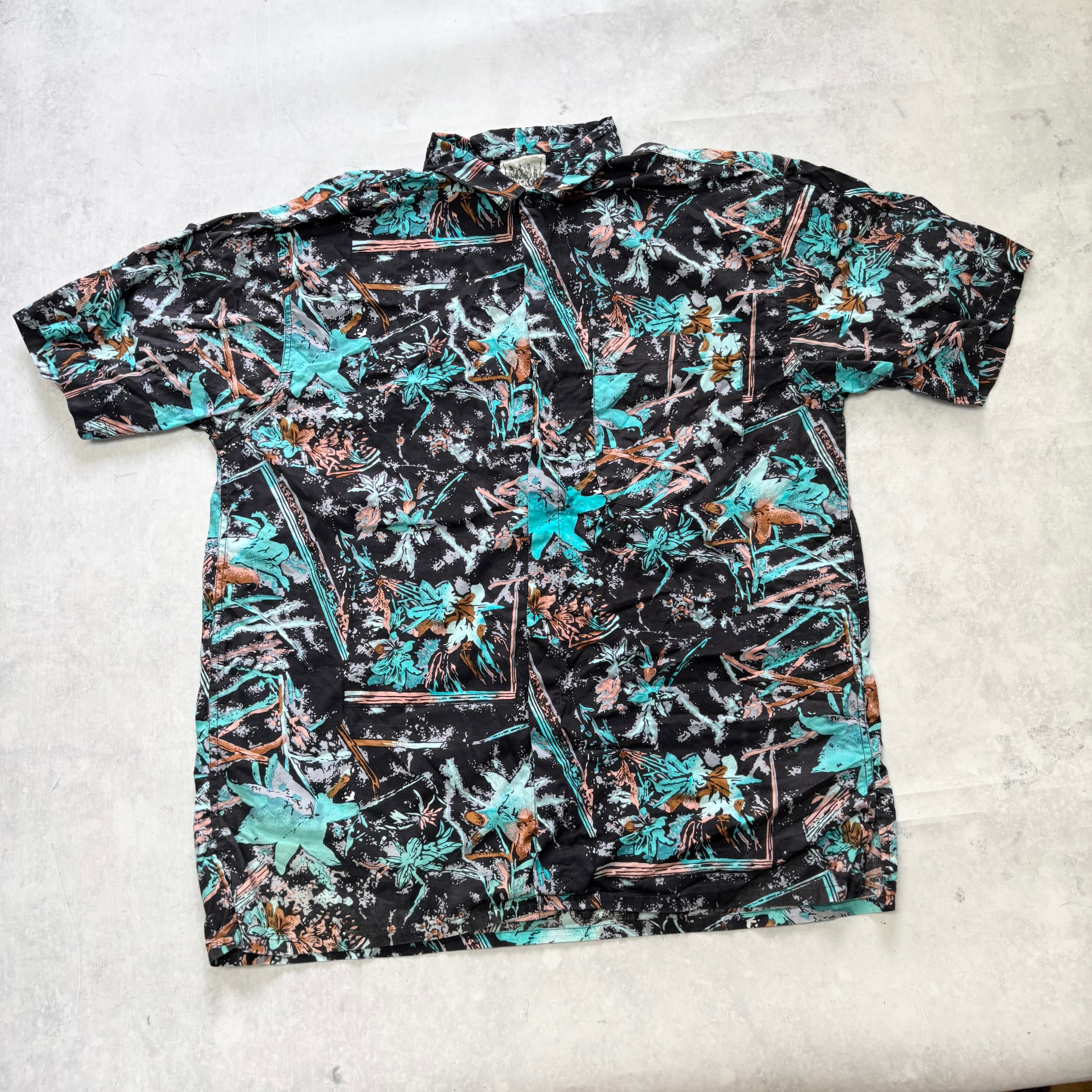 Hawaiian Shirt Mens Large Black Floral Aloha Short Sleeve Cotton Funky (E)