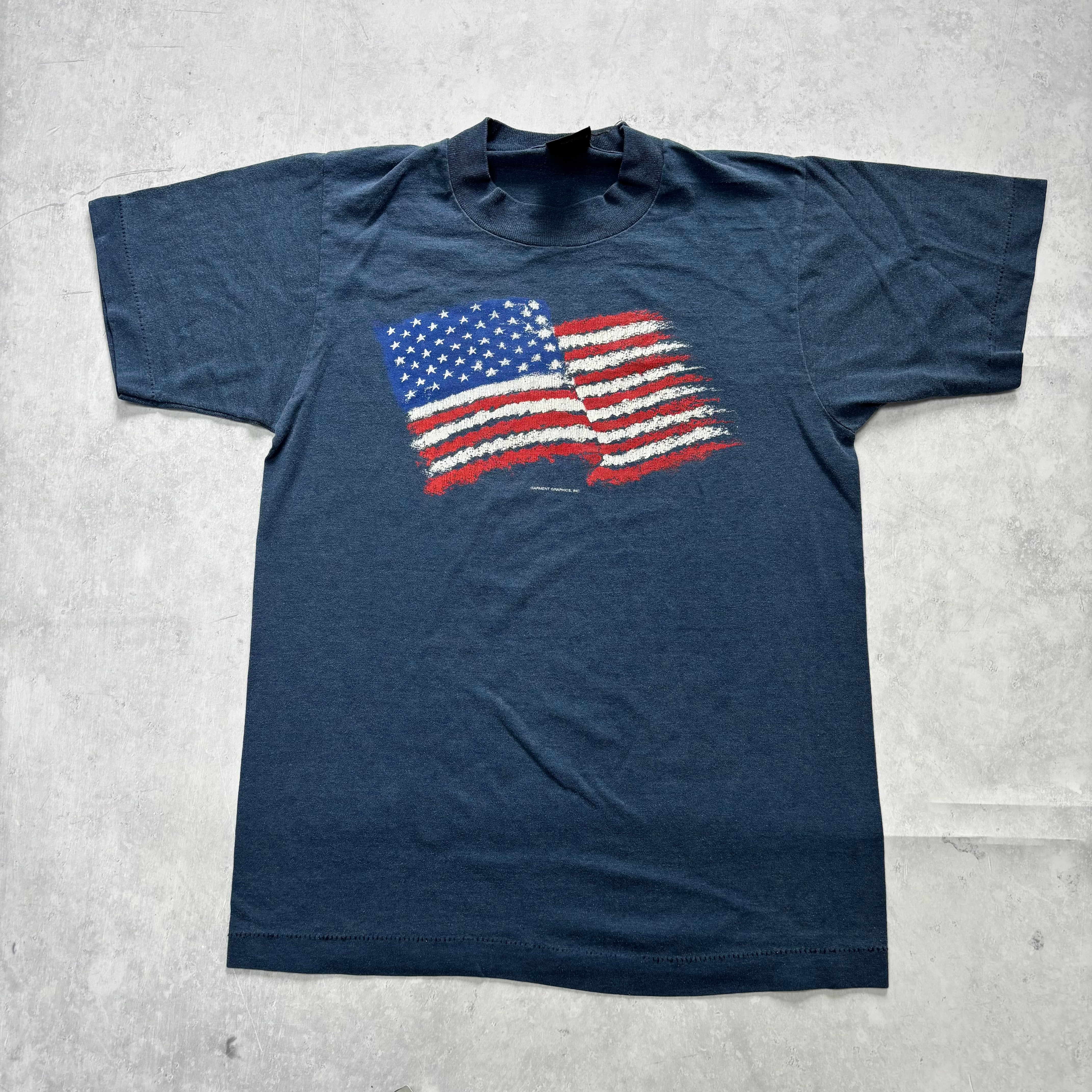 Vintage T Shirt Mens XS Navy Blue Single Stitch Graphic Print 90s USA Flag
