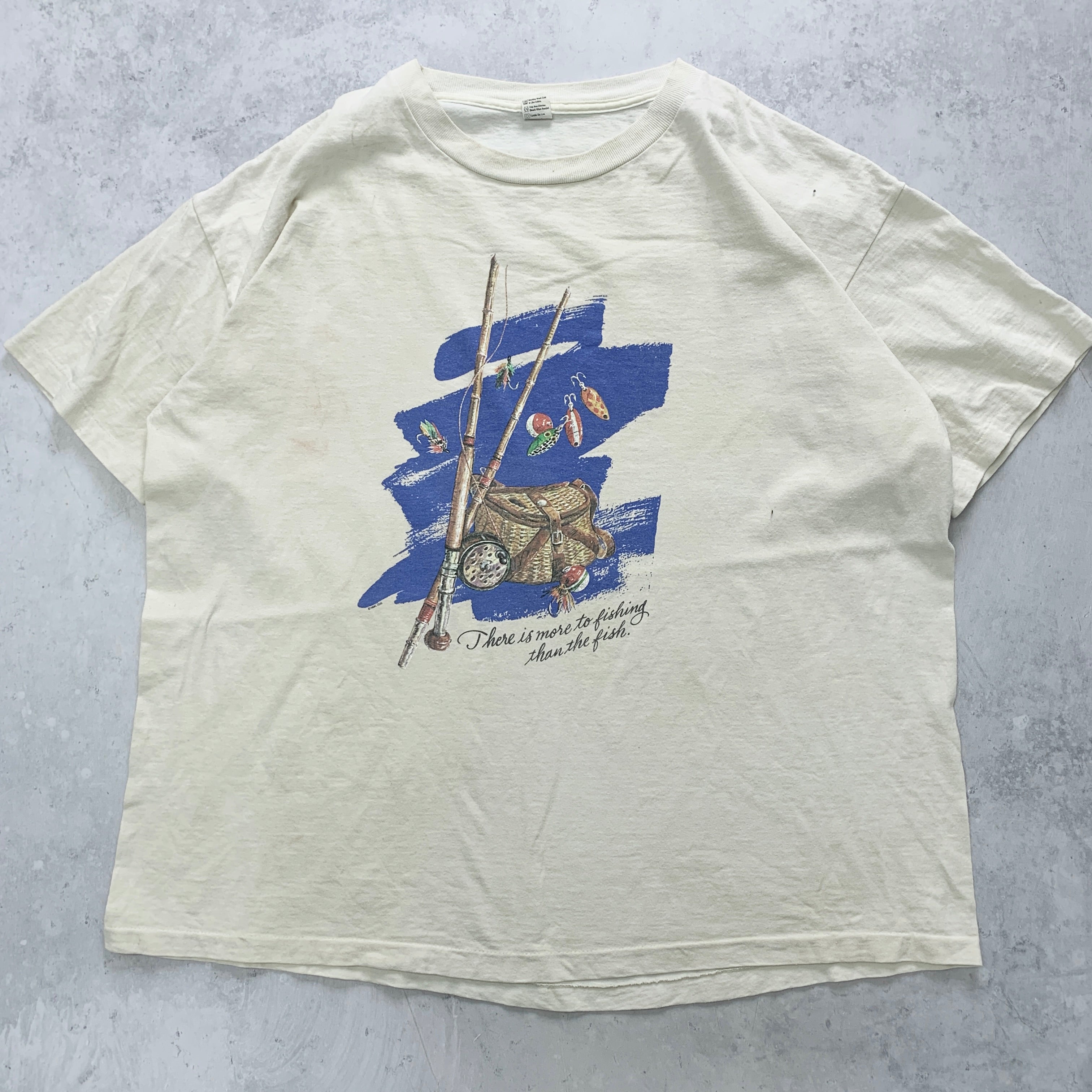 Vintage T Shirt Mens XXL Cream Single Stitch Graphic Print 90s USA Fishing