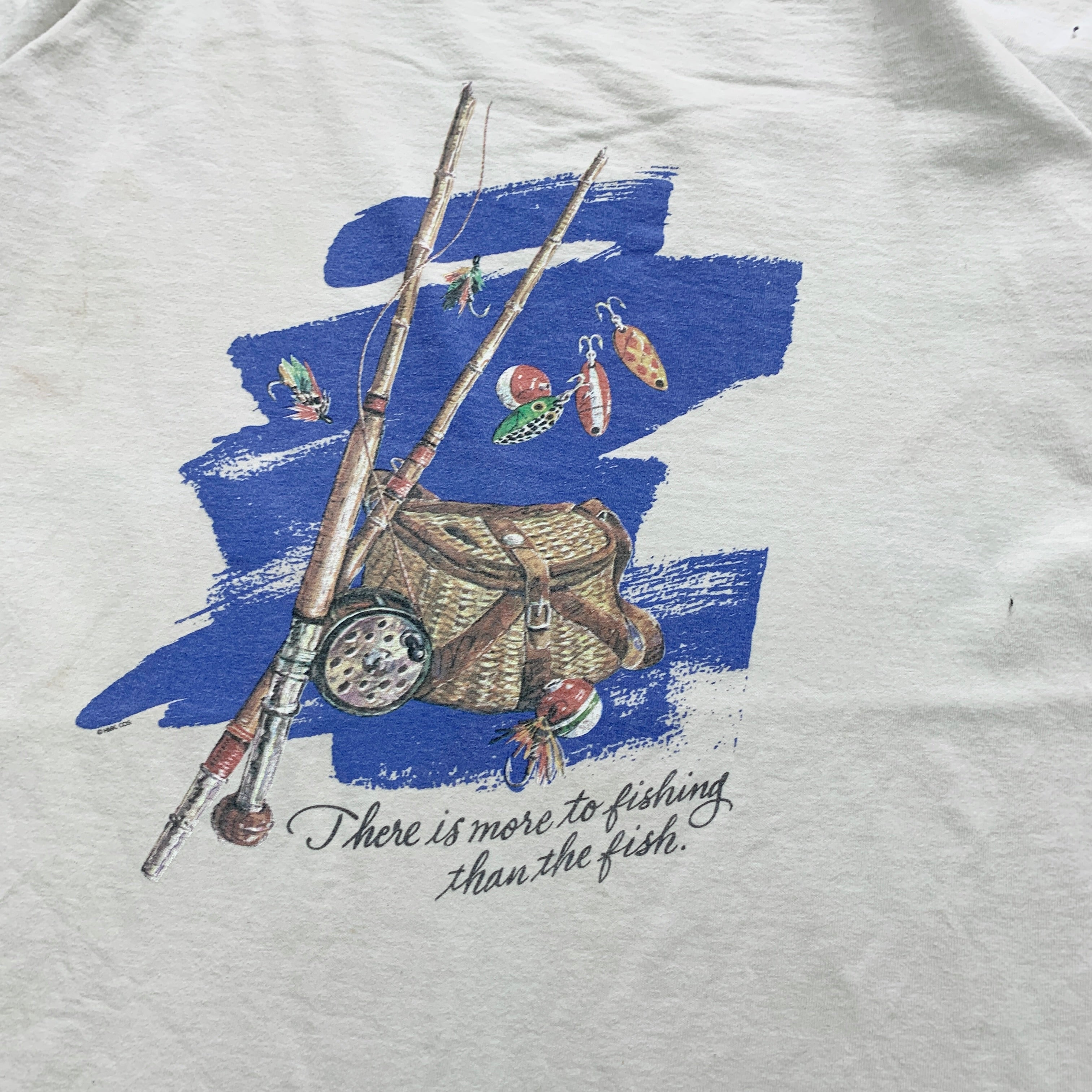 Vintage T Shirt Mens XXL Cream Single Stitch Graphic Print 90s USA Fishing