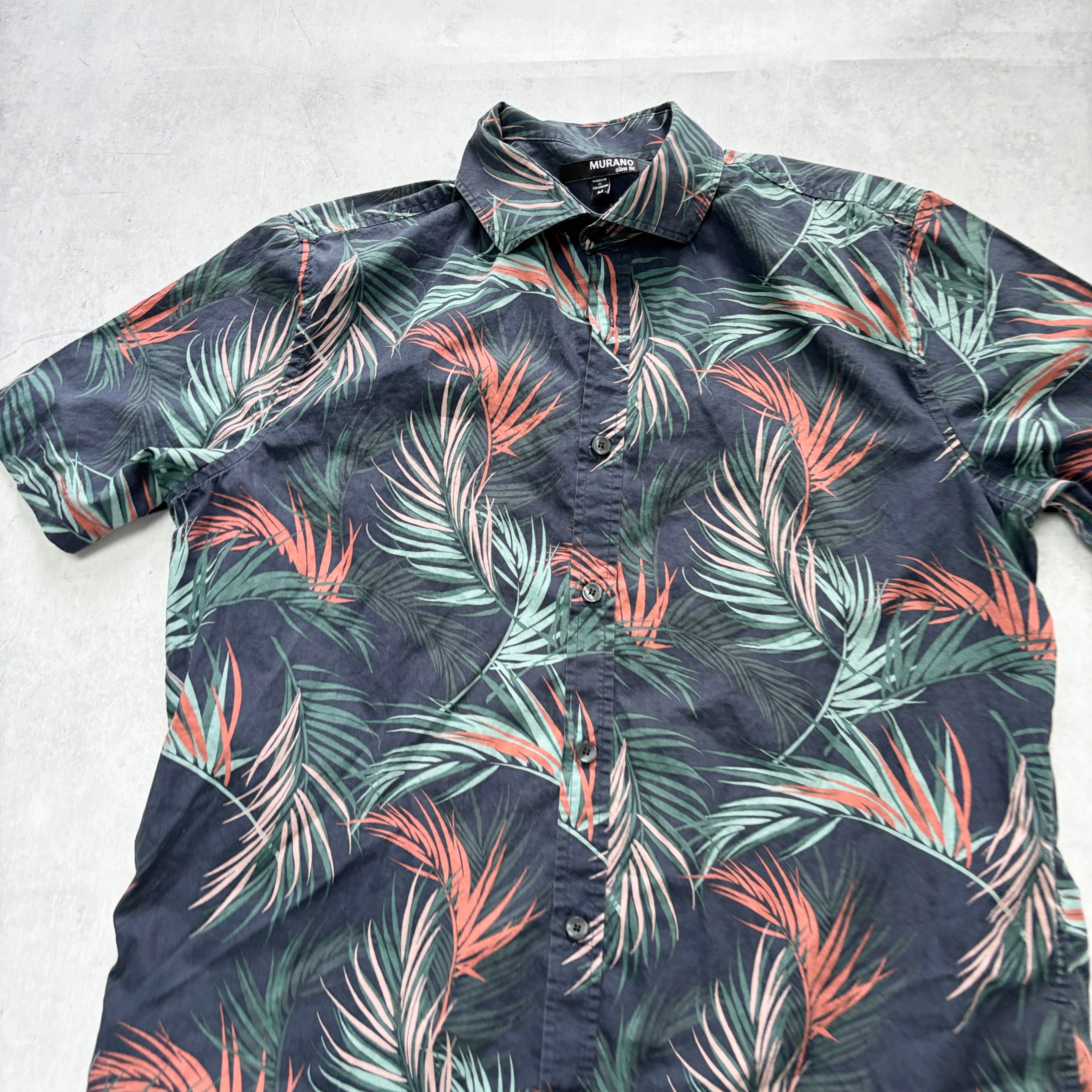 Hawaiian Shirt Mens Medium Navy Floral Aloha Short Sleeve Cotton Slim Fit (E)