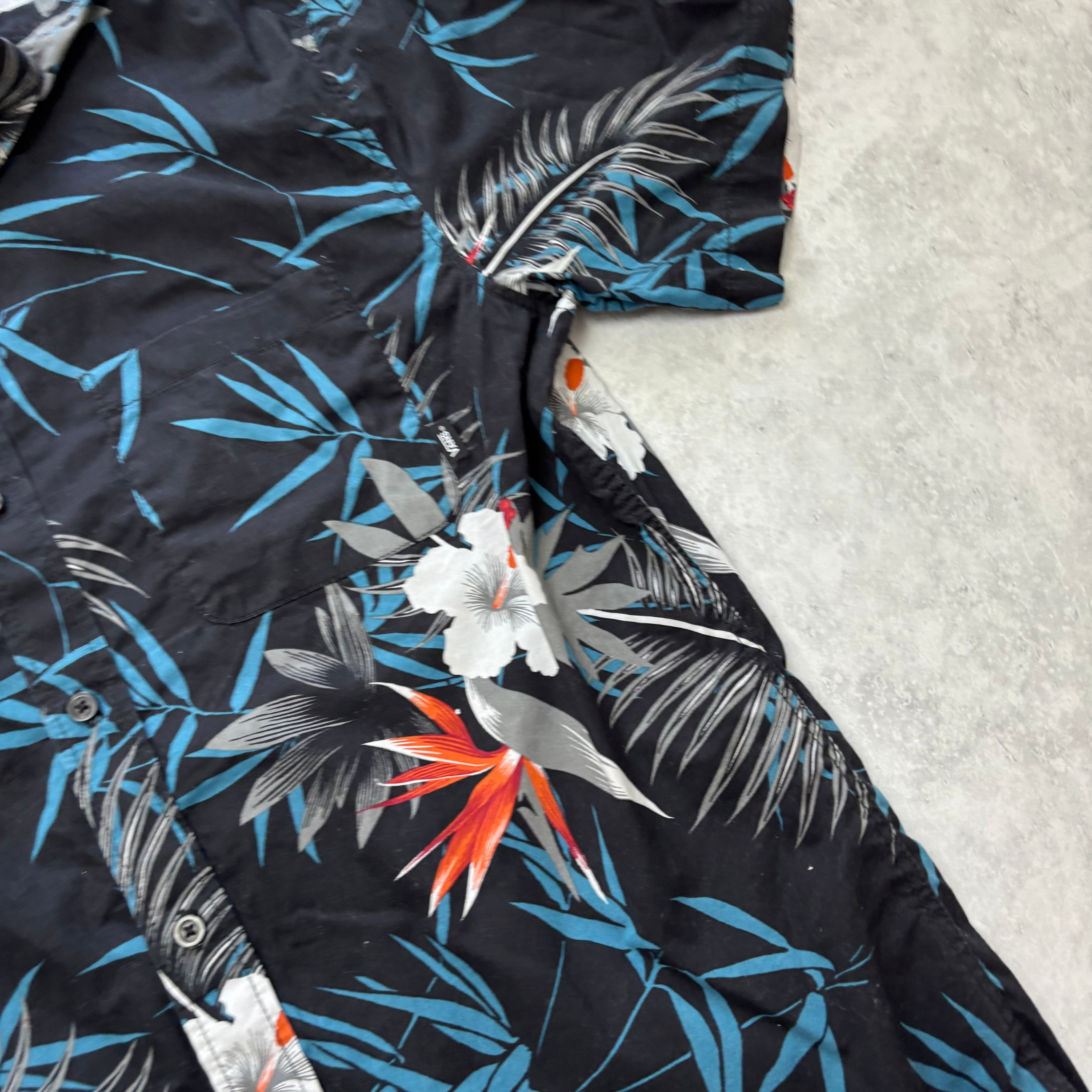 Vans Hawaiian Shirt Mens Medium Black Cotton Floral Aloha Short Sleeve (E)